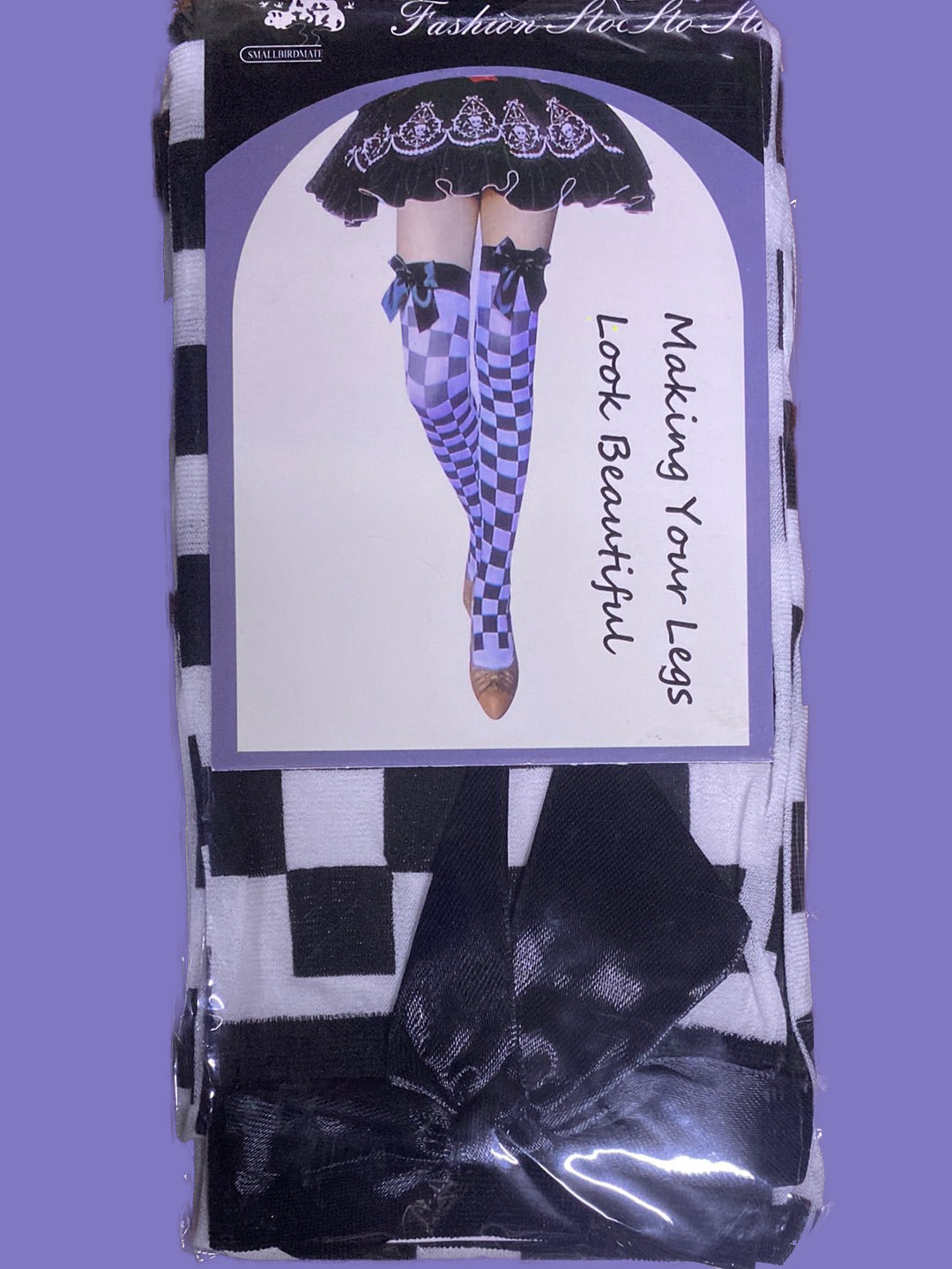 Stockings - black and white checkered pattern with bow