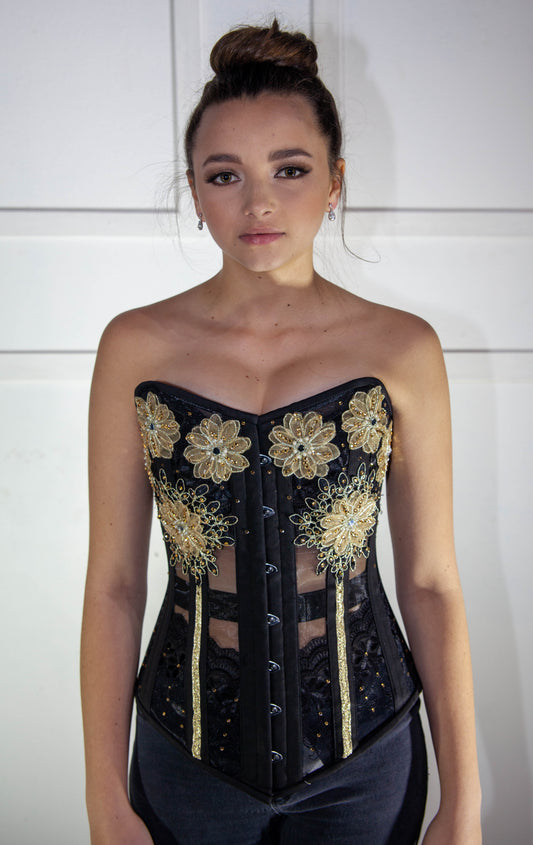 Corset - Black Nylon with Gold Flowers (by Heidi Couture)