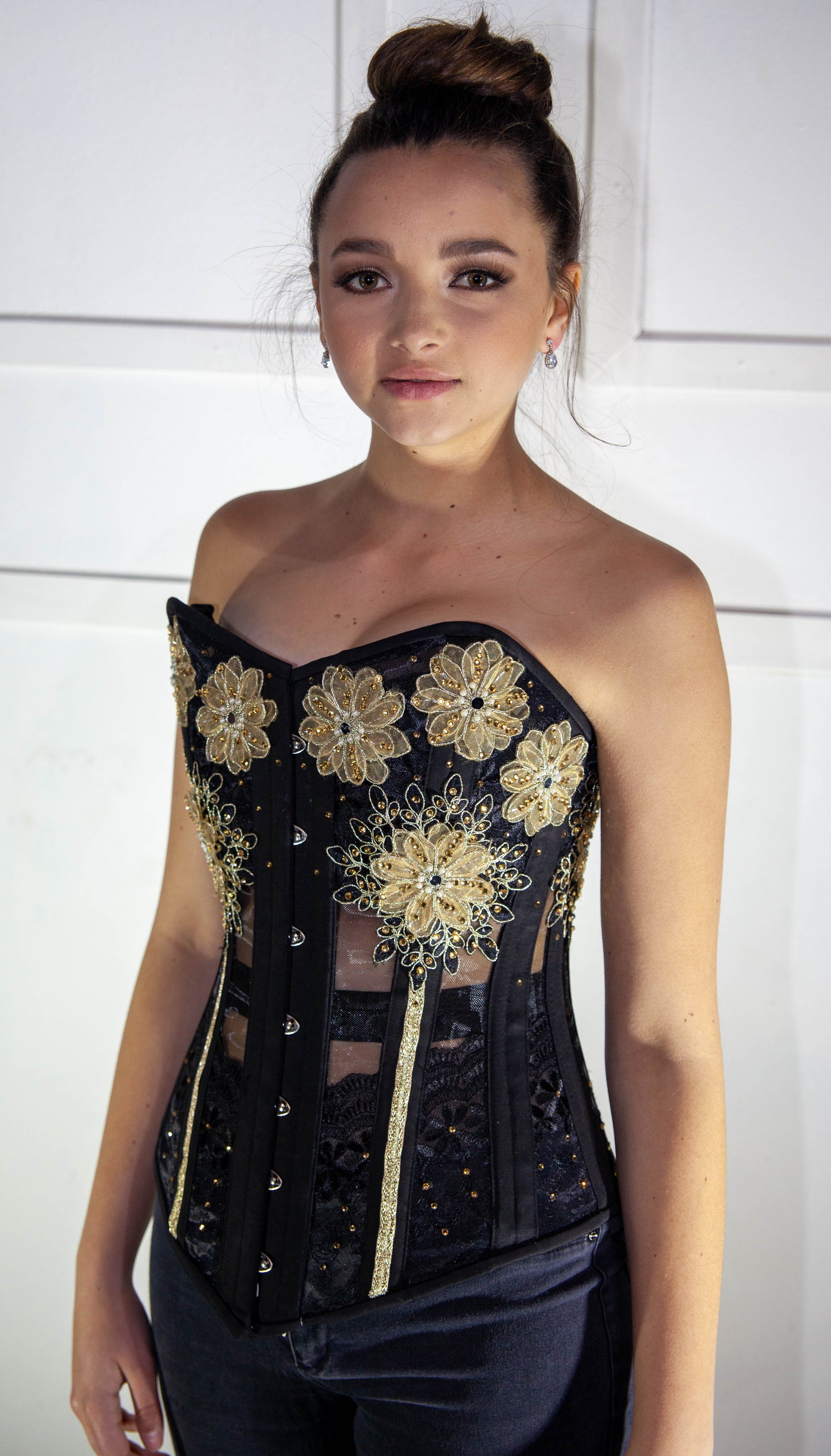 Corset - Black Nylon with Gold Flowers (by Heidi Couture)