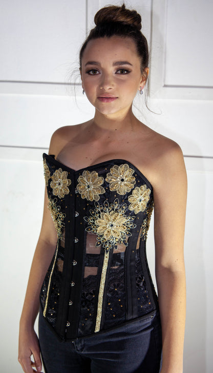Corset - Black Nylon with Gold Flowers (by Heidi Couture)
