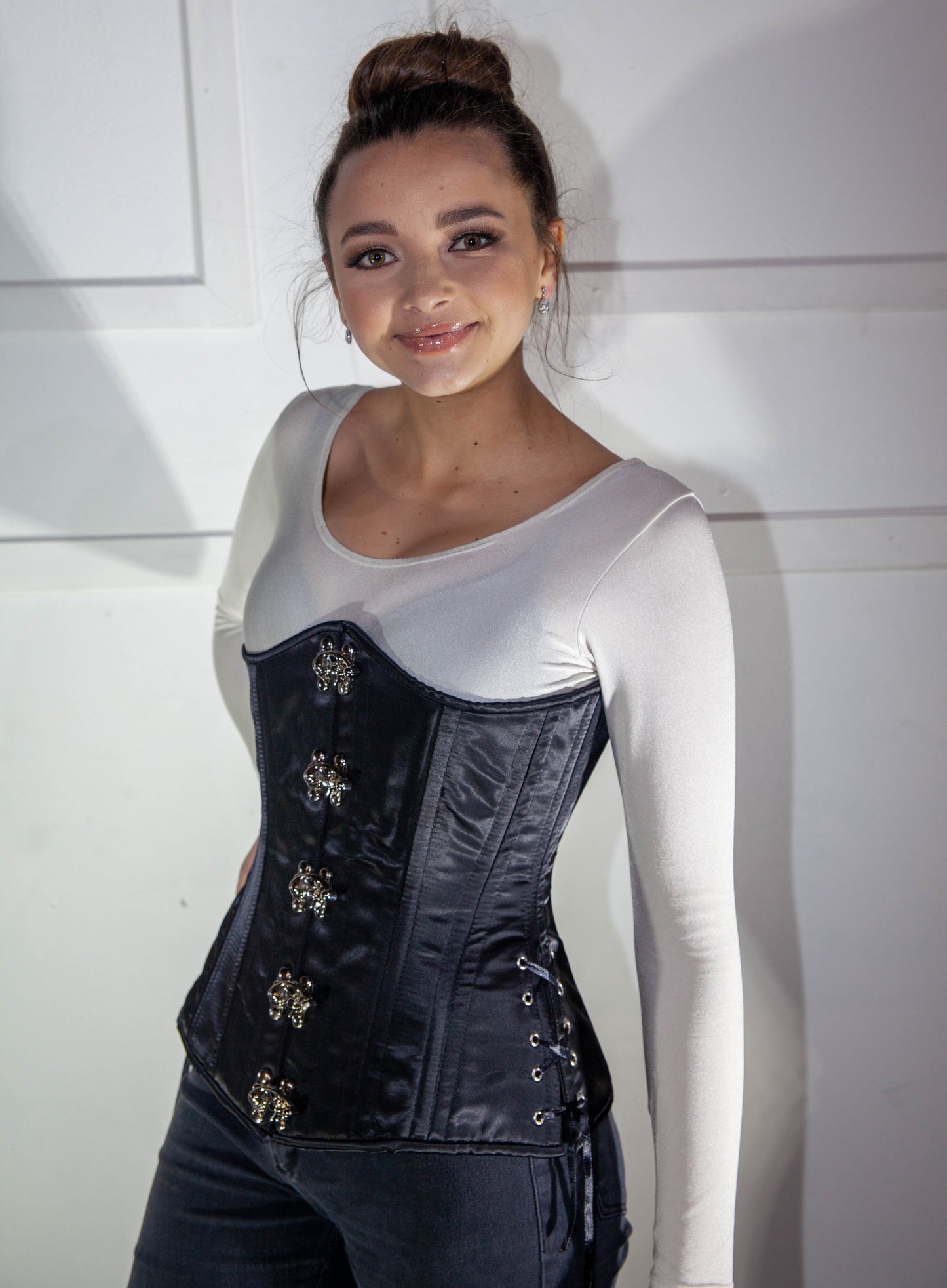 Corset - Long Black Satin Underbust with Side Laces