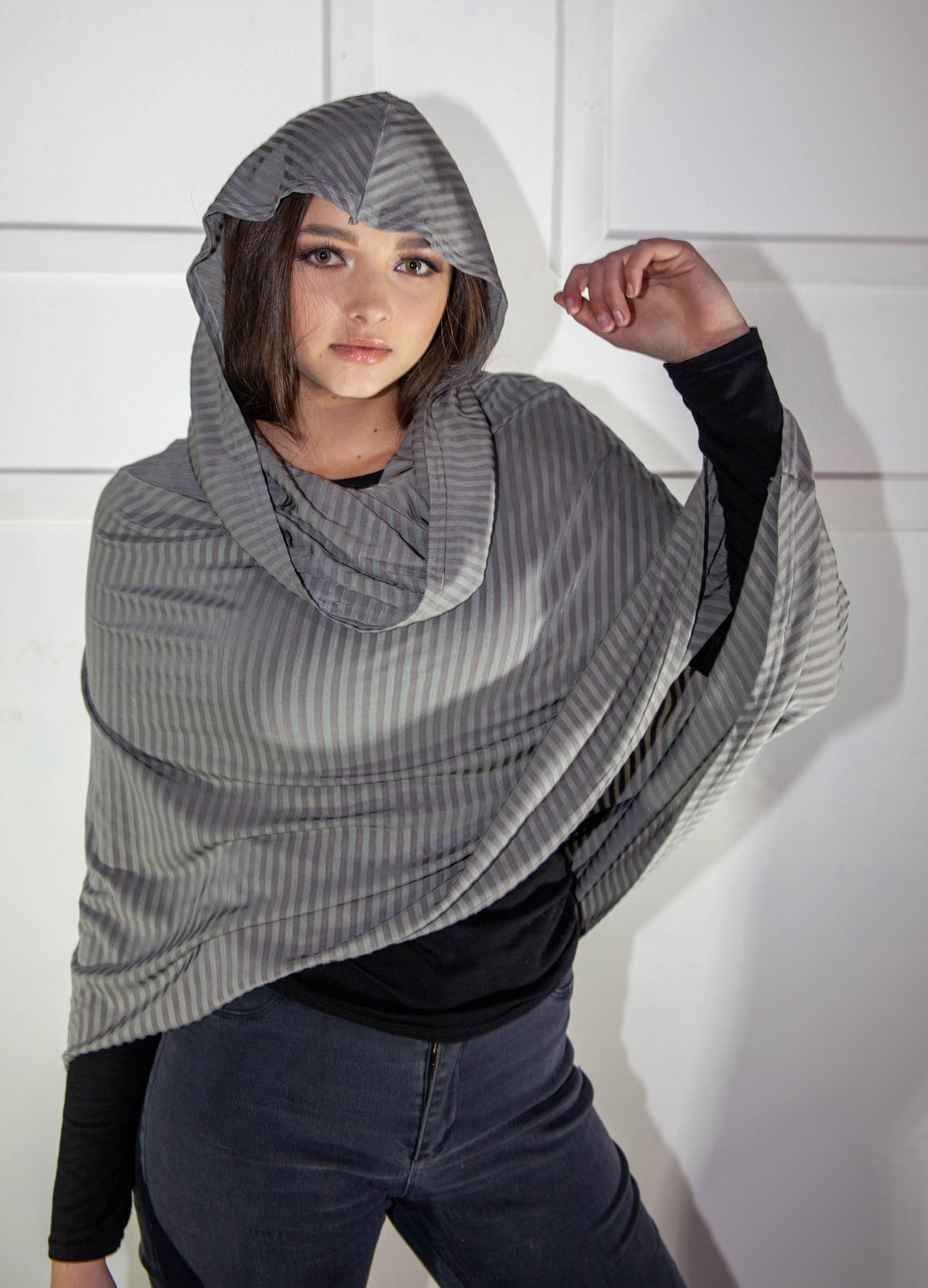 Poncho - Hooded Grey Stripes