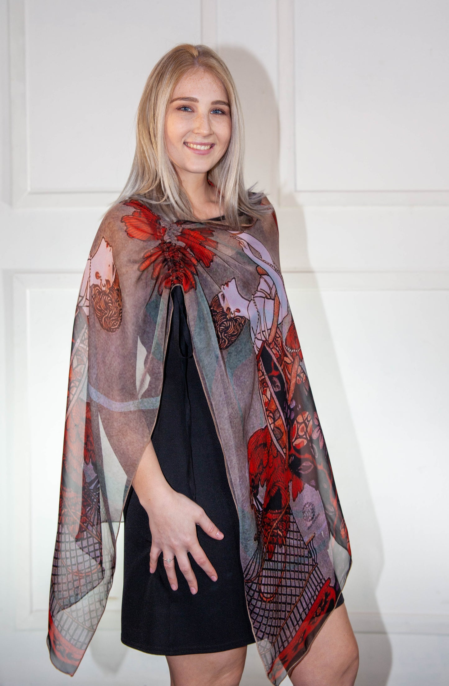 Poncho - Red & White Printed Silk