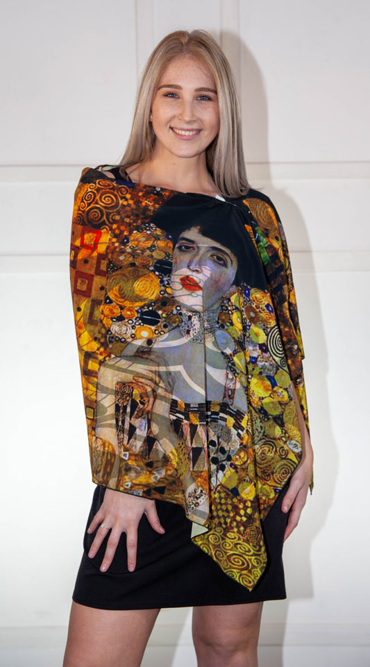 Poncho - Silk Printed Orange Yellow Black