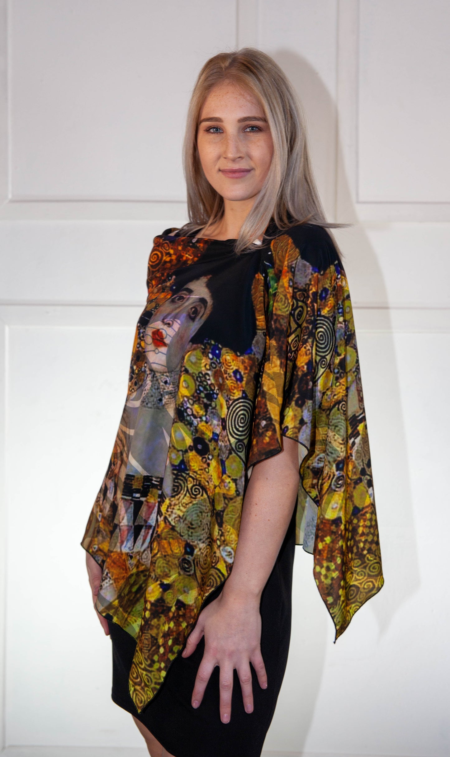 Poncho - Orange, Yellow & Black Printed Silk