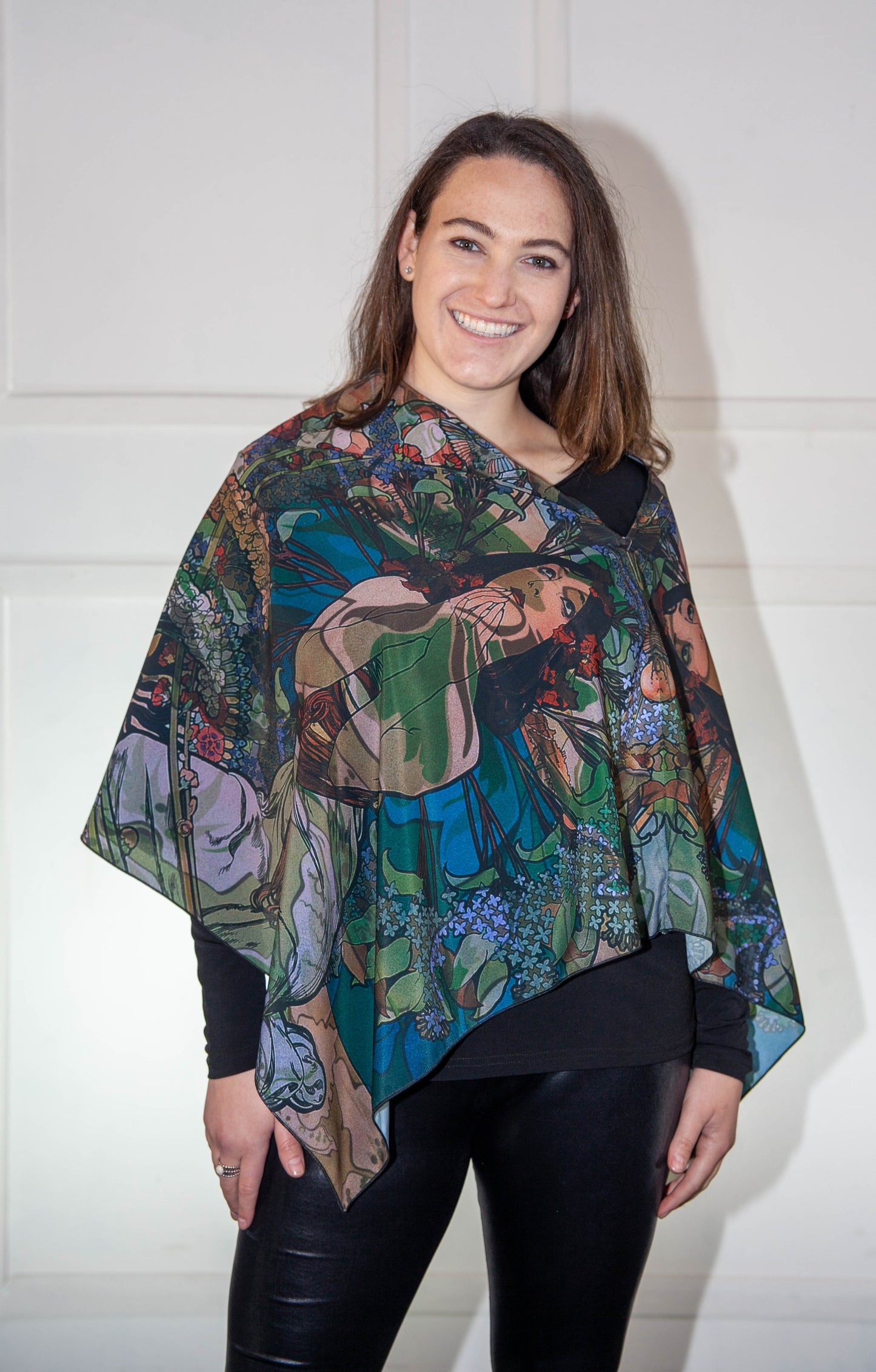 Poncho - Blue, Green & Orange Printed Silk
