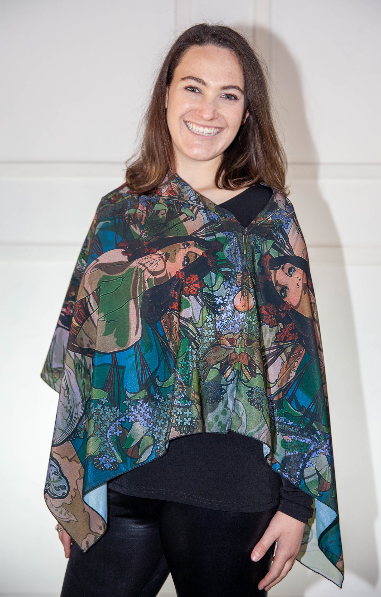 Poncho - Blue, Green & Orange Printed Silk