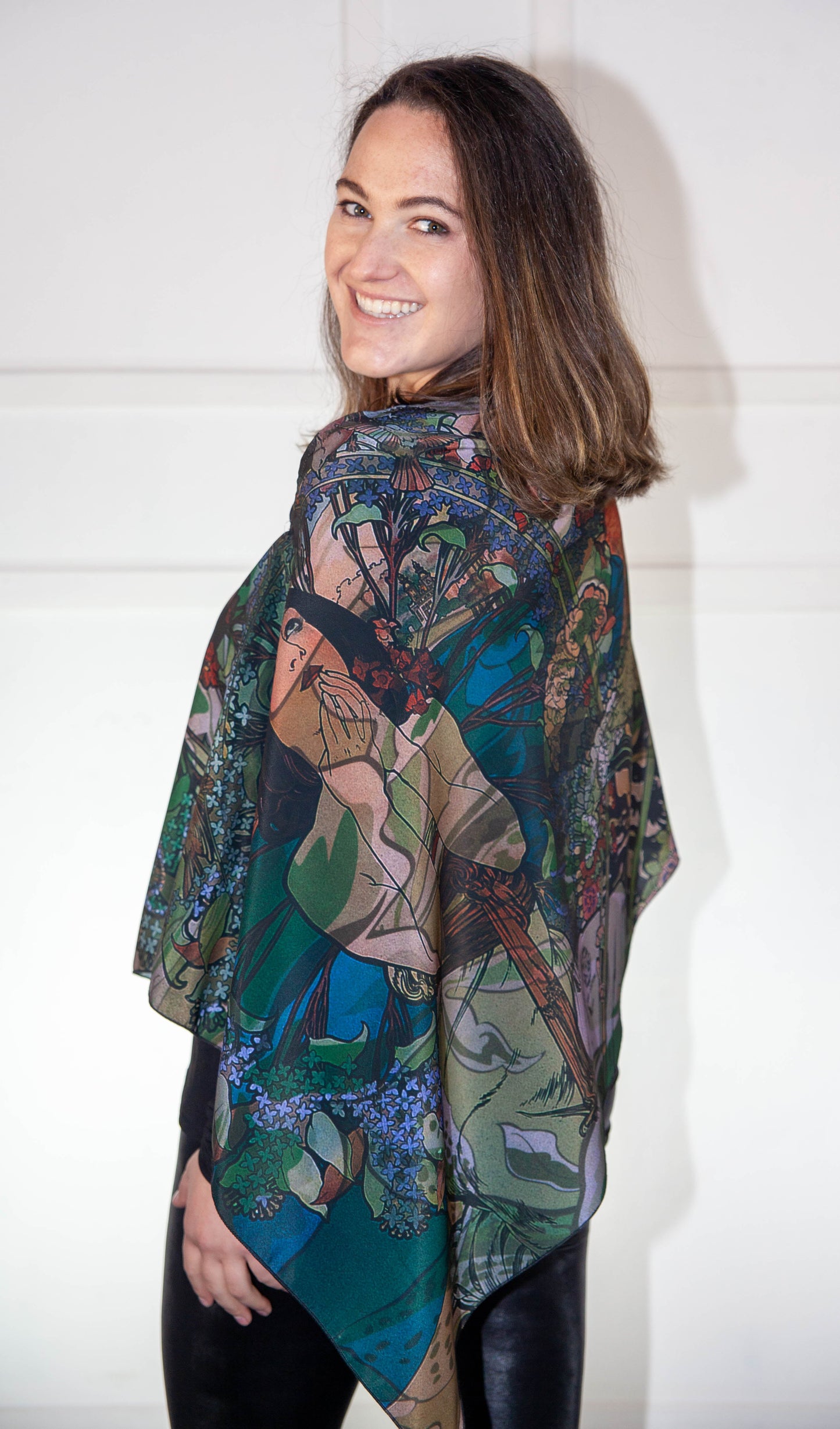 Poncho - Blue, Green & Orange Printed Silk