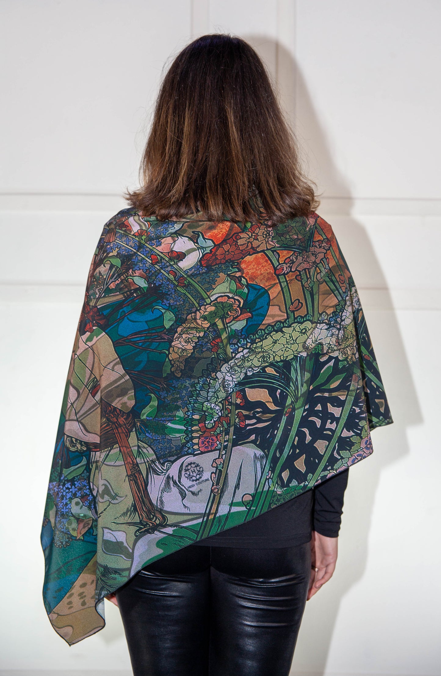 Poncho - Blue, Green & Orange Printed Silk