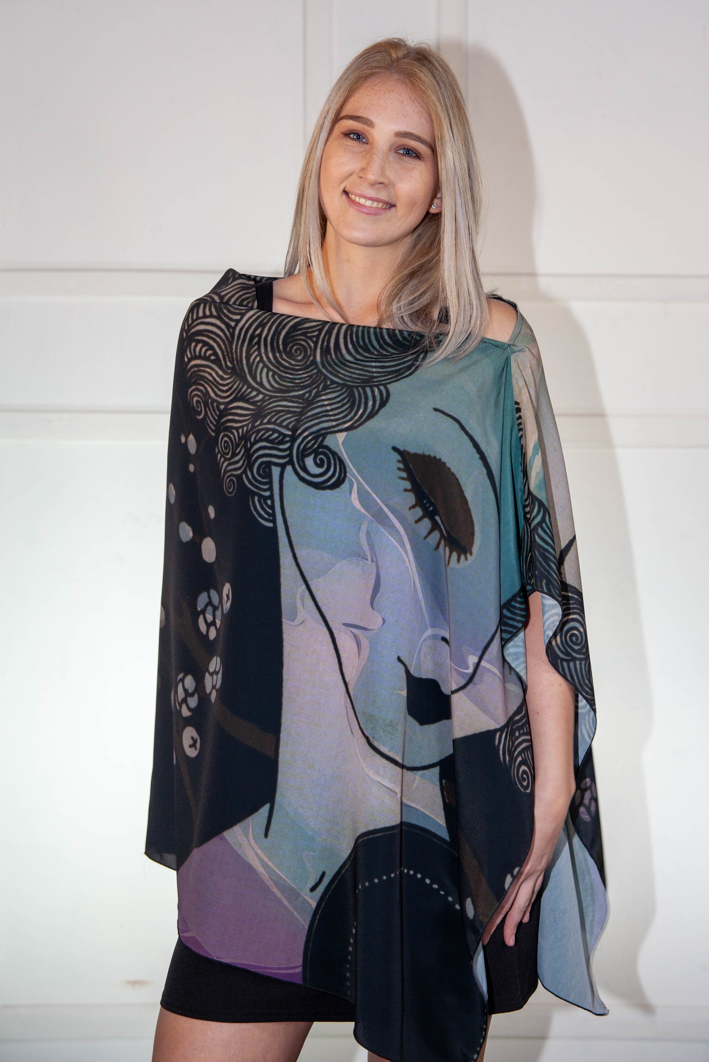 Poncho - Black, Blue & Purple Printed Silk