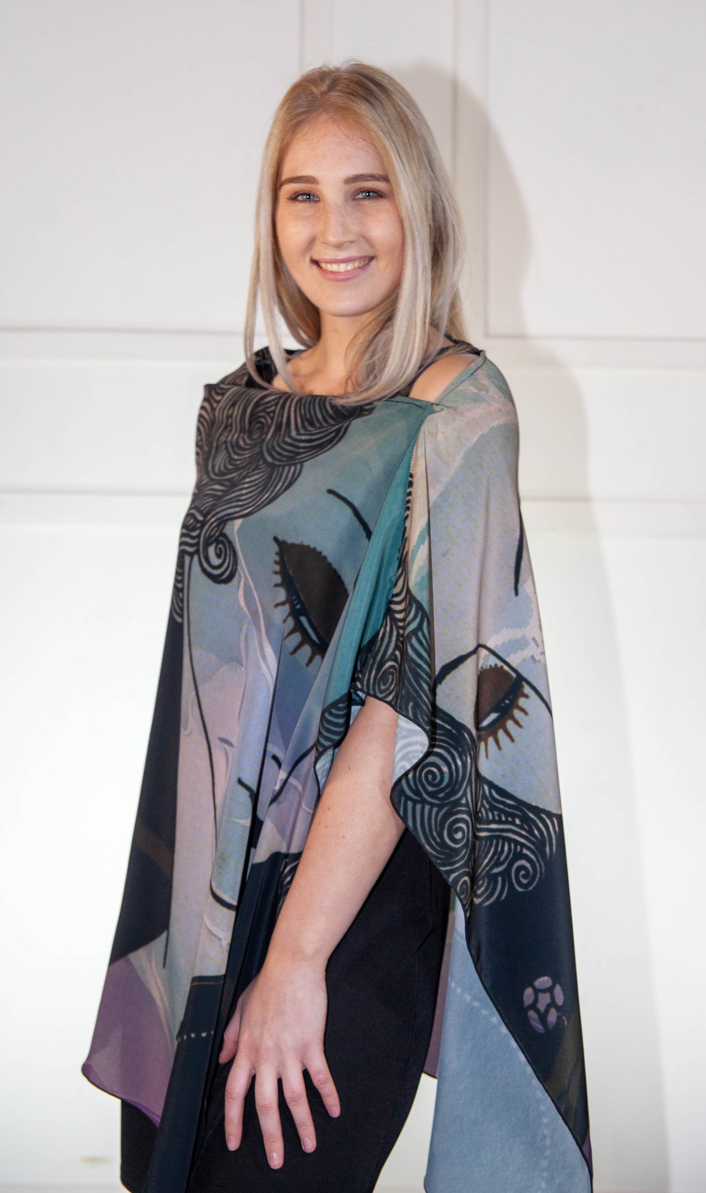 Poncho - Black, Blue & Purple Printed Silk