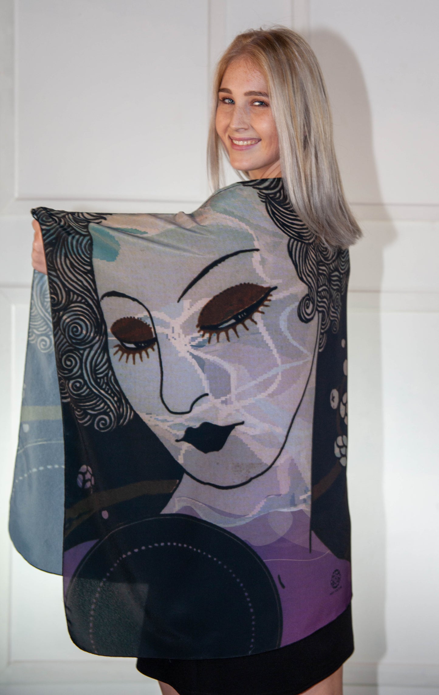 Poncho - Black, Blue & Purple Printed Silk