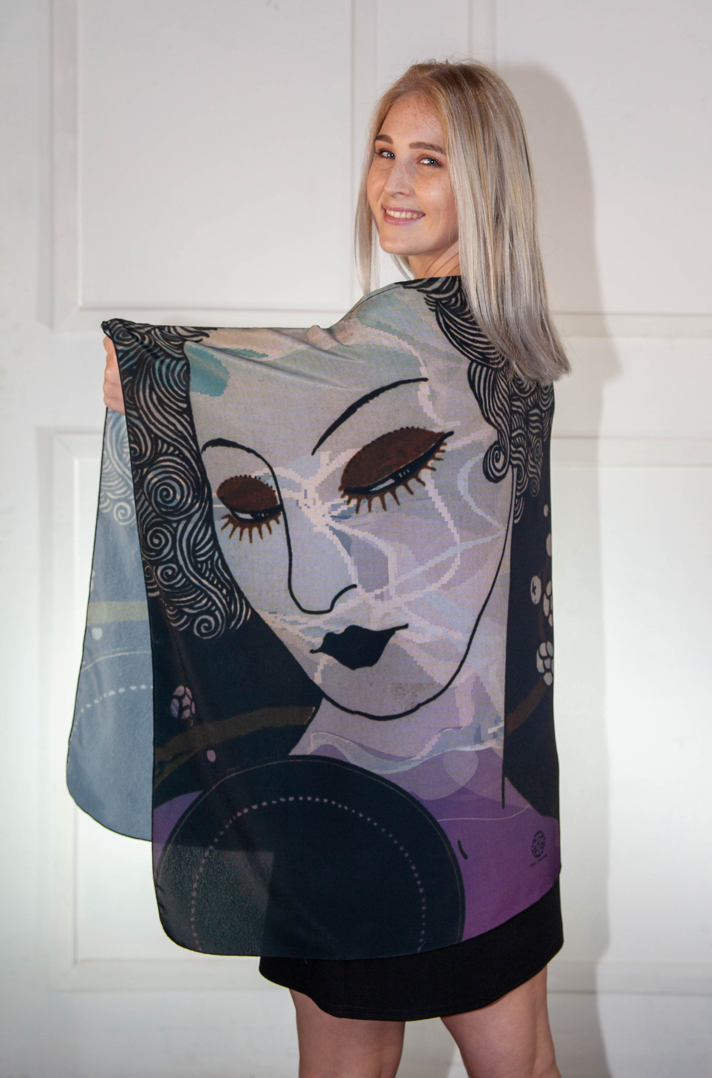 Poncho - Black, Blue & Purple Printed Silk