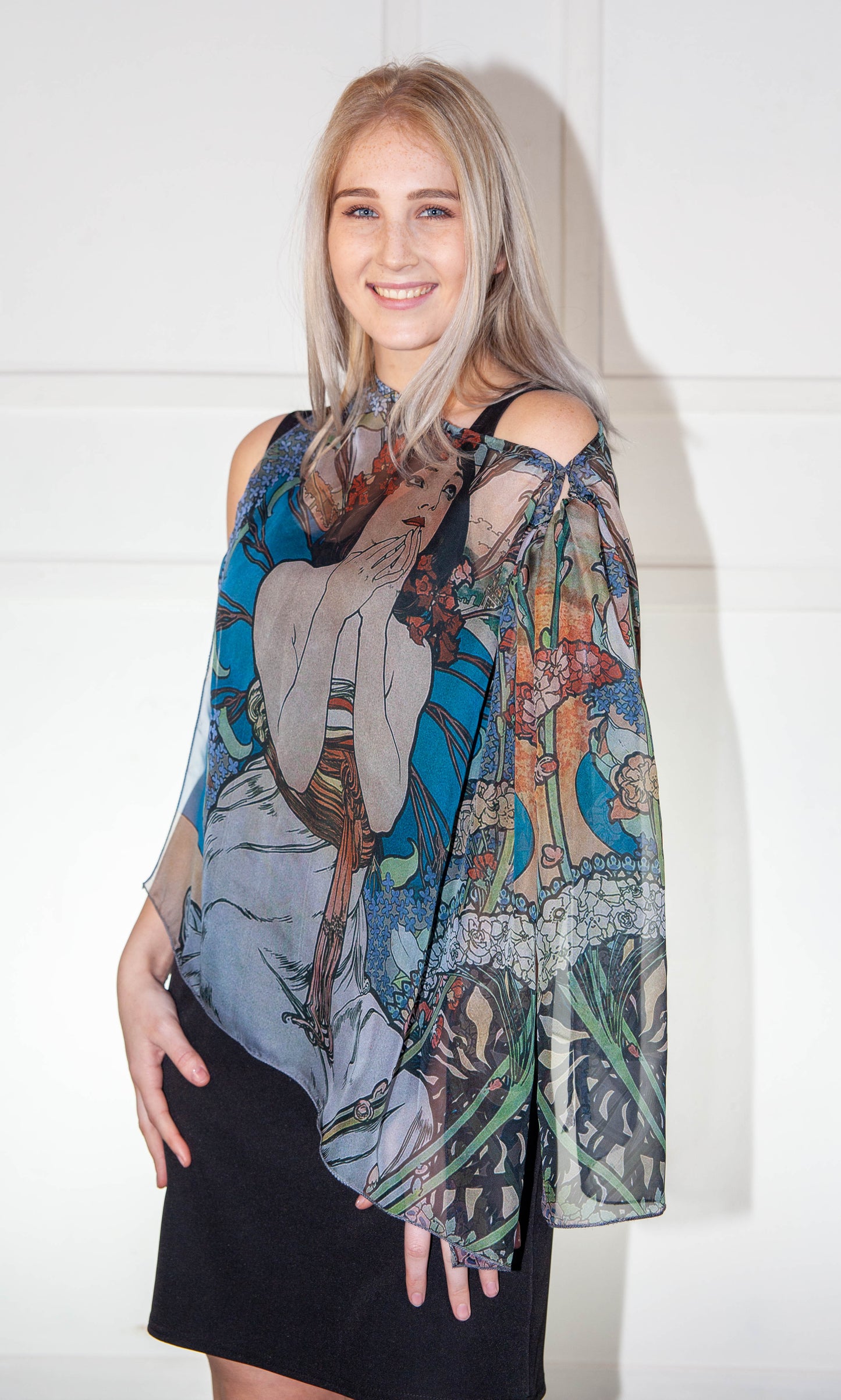 Poncho - Blue & White Printed Silk