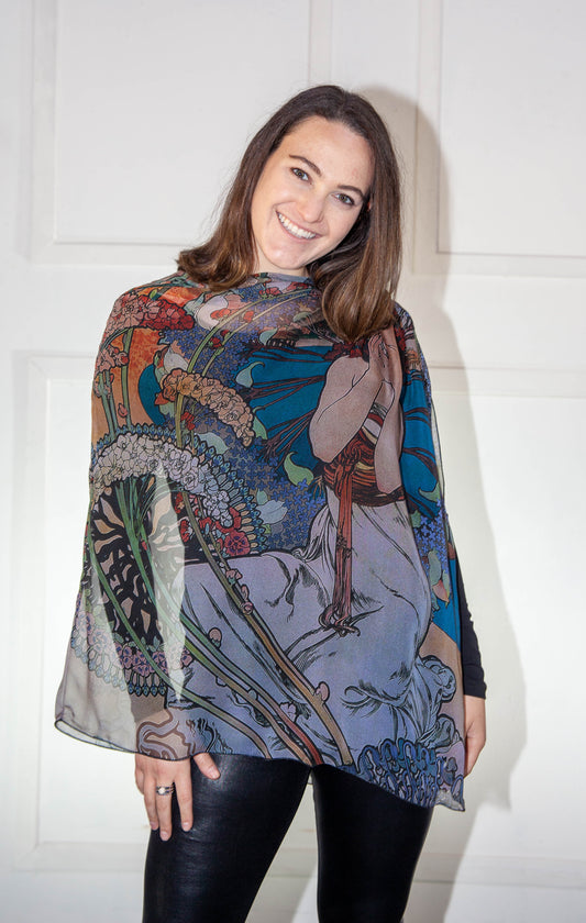 Poncho - Blue, Orange & White Printed Silk