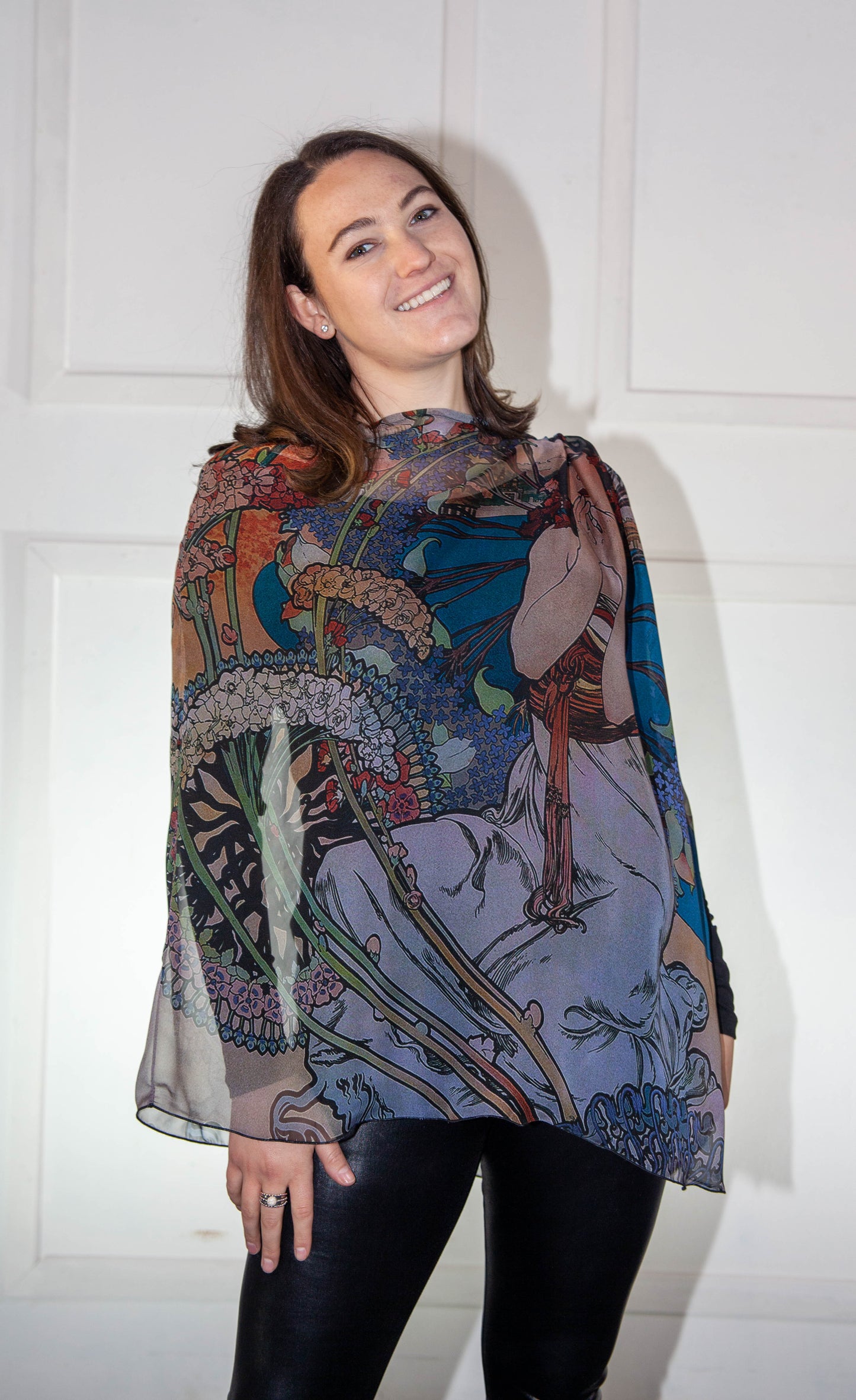 Poncho - Blue, Orange & White Printed Silk