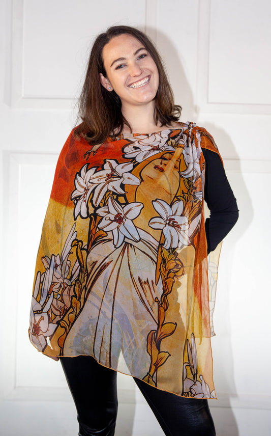 Poncho - Silk Printed Orange White Red Floral