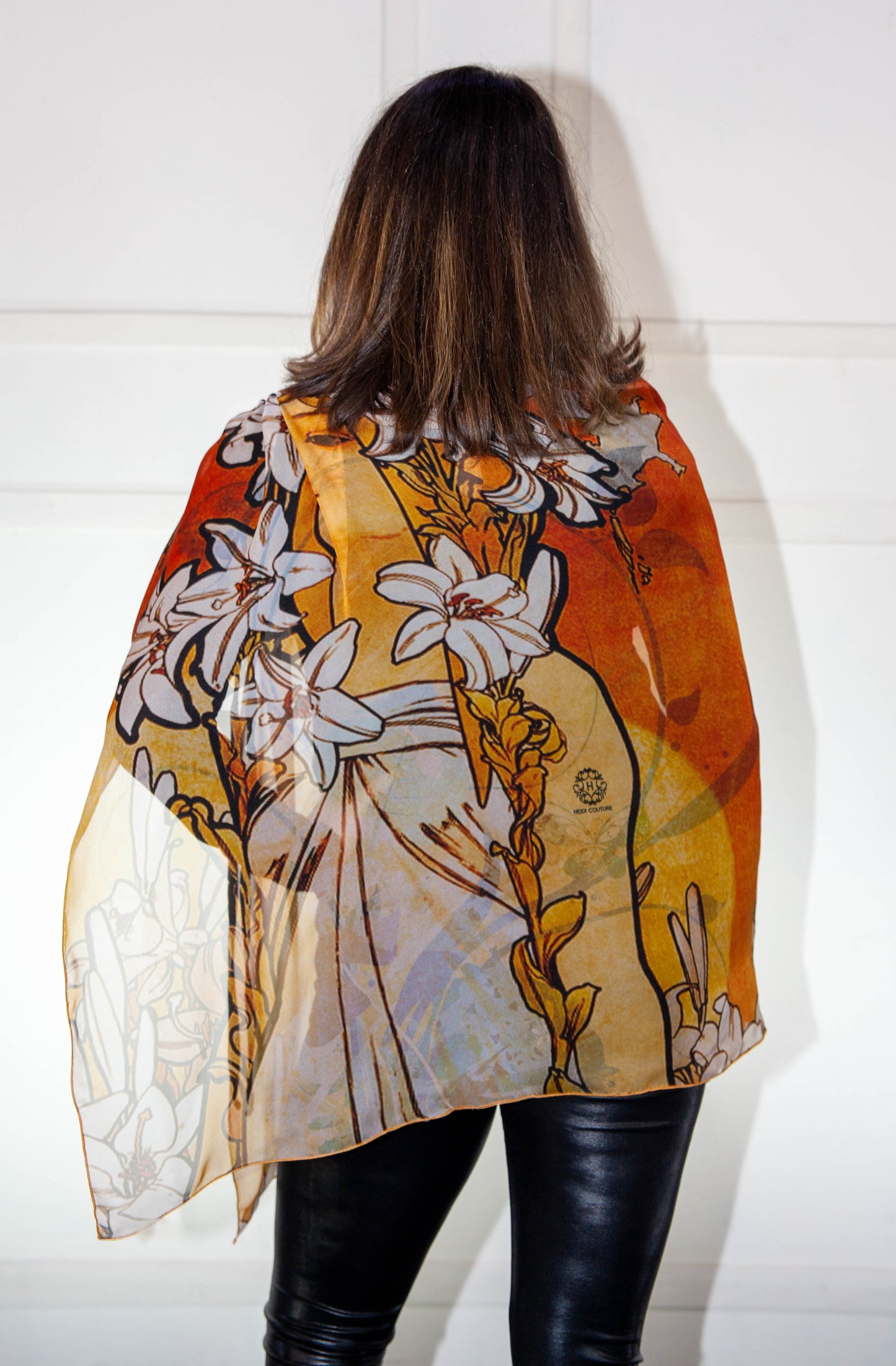 Poncho - Orange, White, Red, Floral Printed Silk