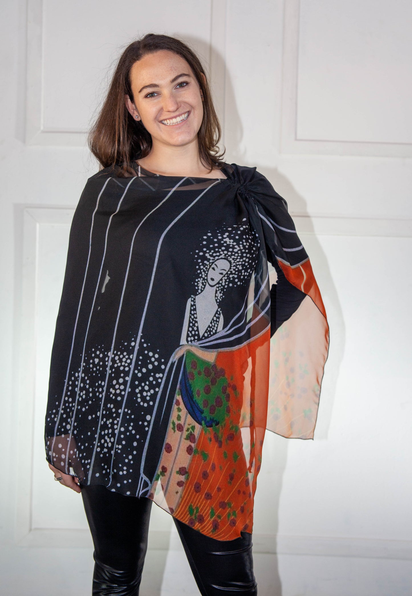 Poncho - Black, Orange & Green Printed Silk