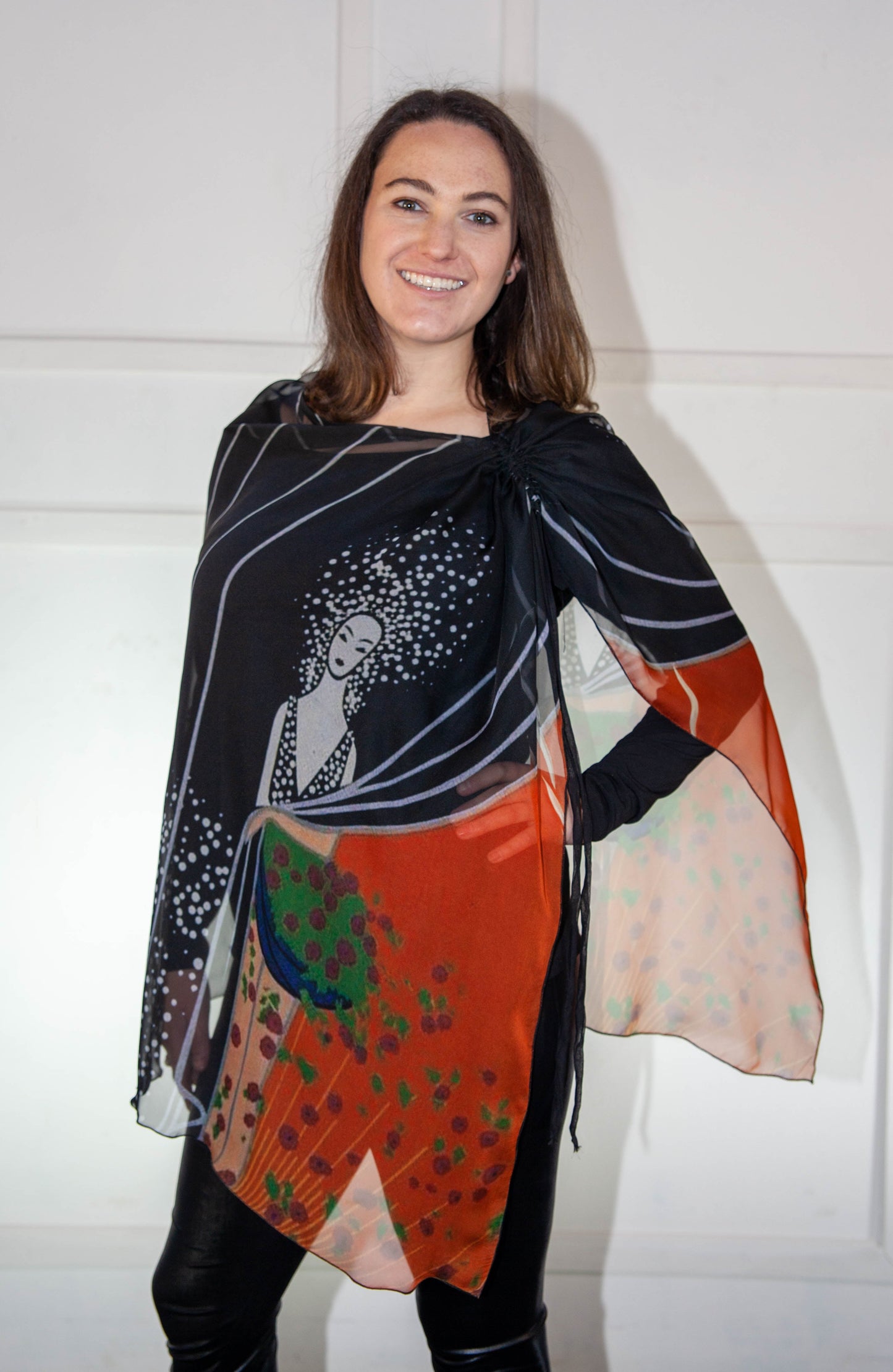 Poncho - Black, Orange & Green Printed Silk