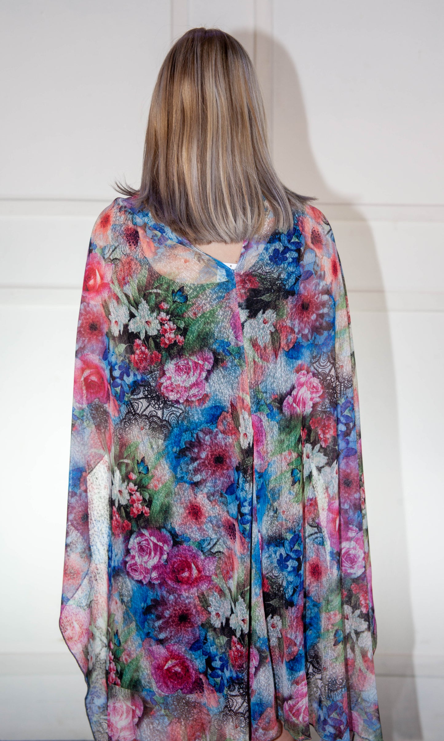 Poncho - Blue, Pink, White Floral Printed Silk
