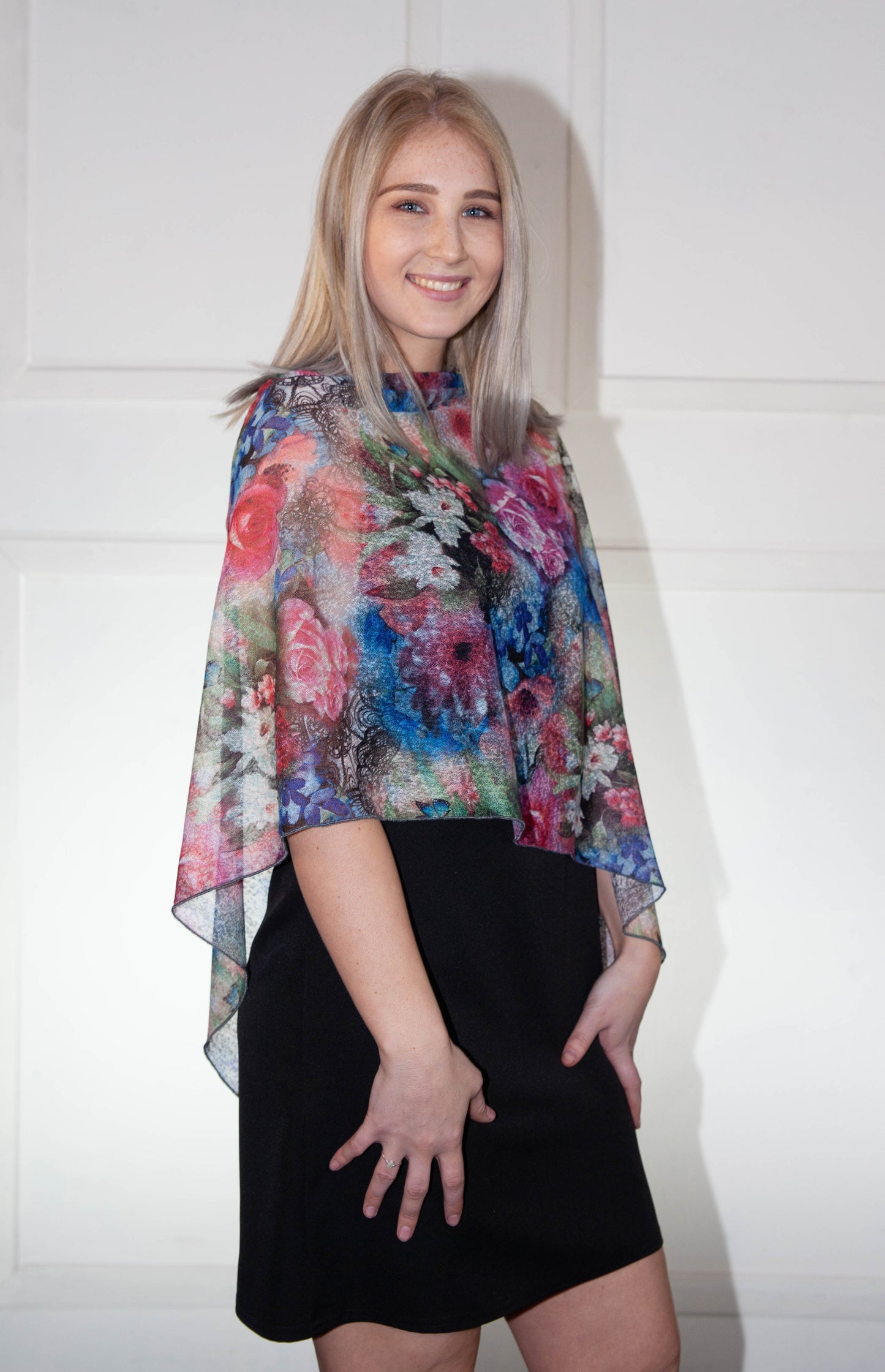 Poncho - Blue, Pink, White Floral Printed Silk