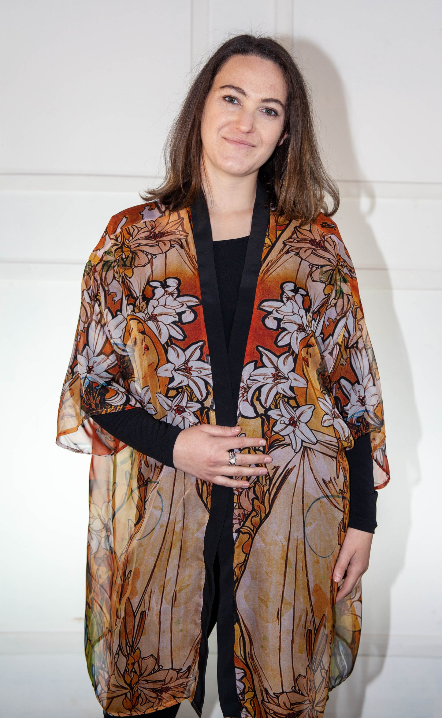 Kimono - Orange & White Floral Printed Silk