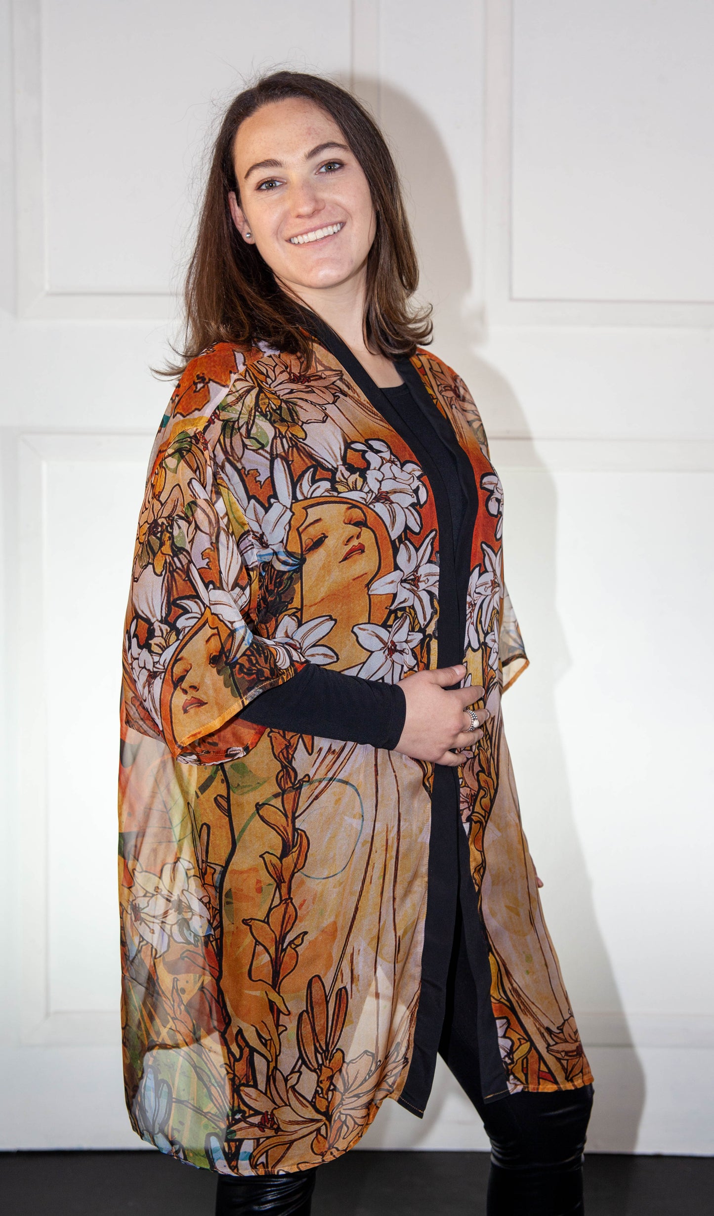 Kimono - Orange & White Floral Printed Silk