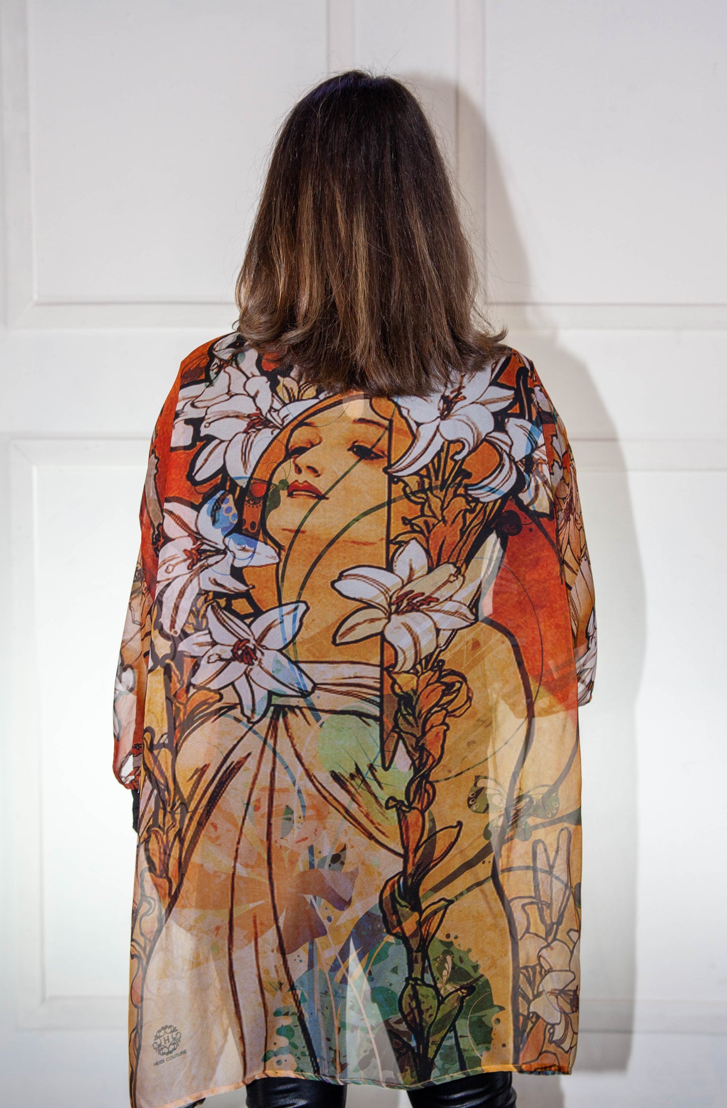 Kimono - Orange & White Floral Printed Silk