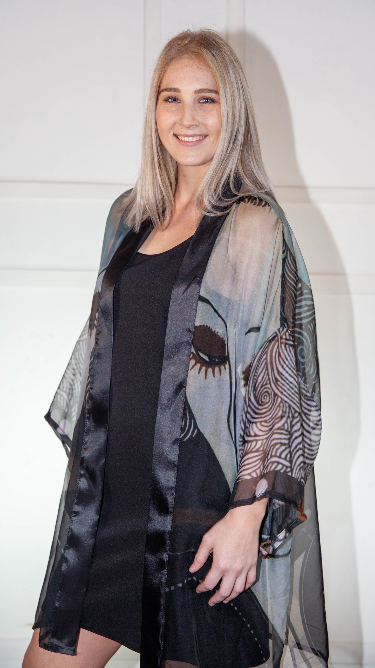Kimono - Blue, Black & Brown Printed Silk