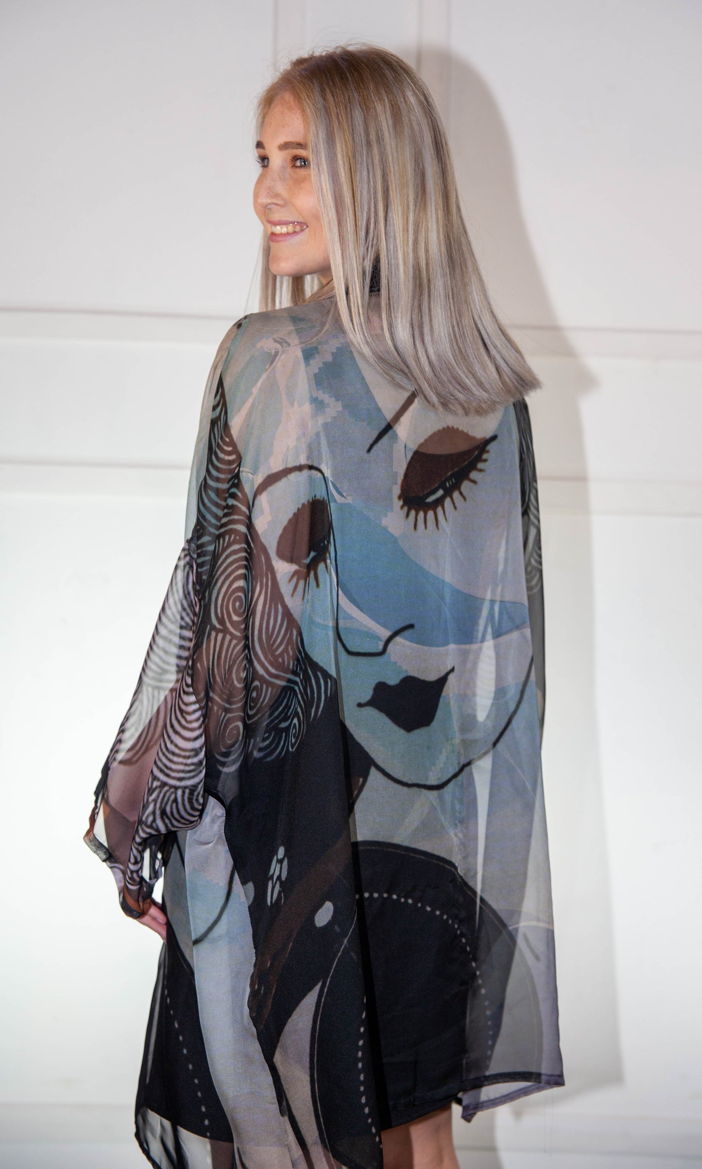 Kimono - Blue, Black & Brown Printed Silk