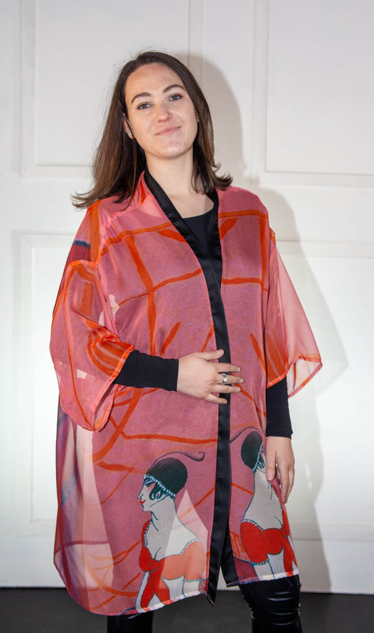 Kimono - Silk Printed Orange & Pink