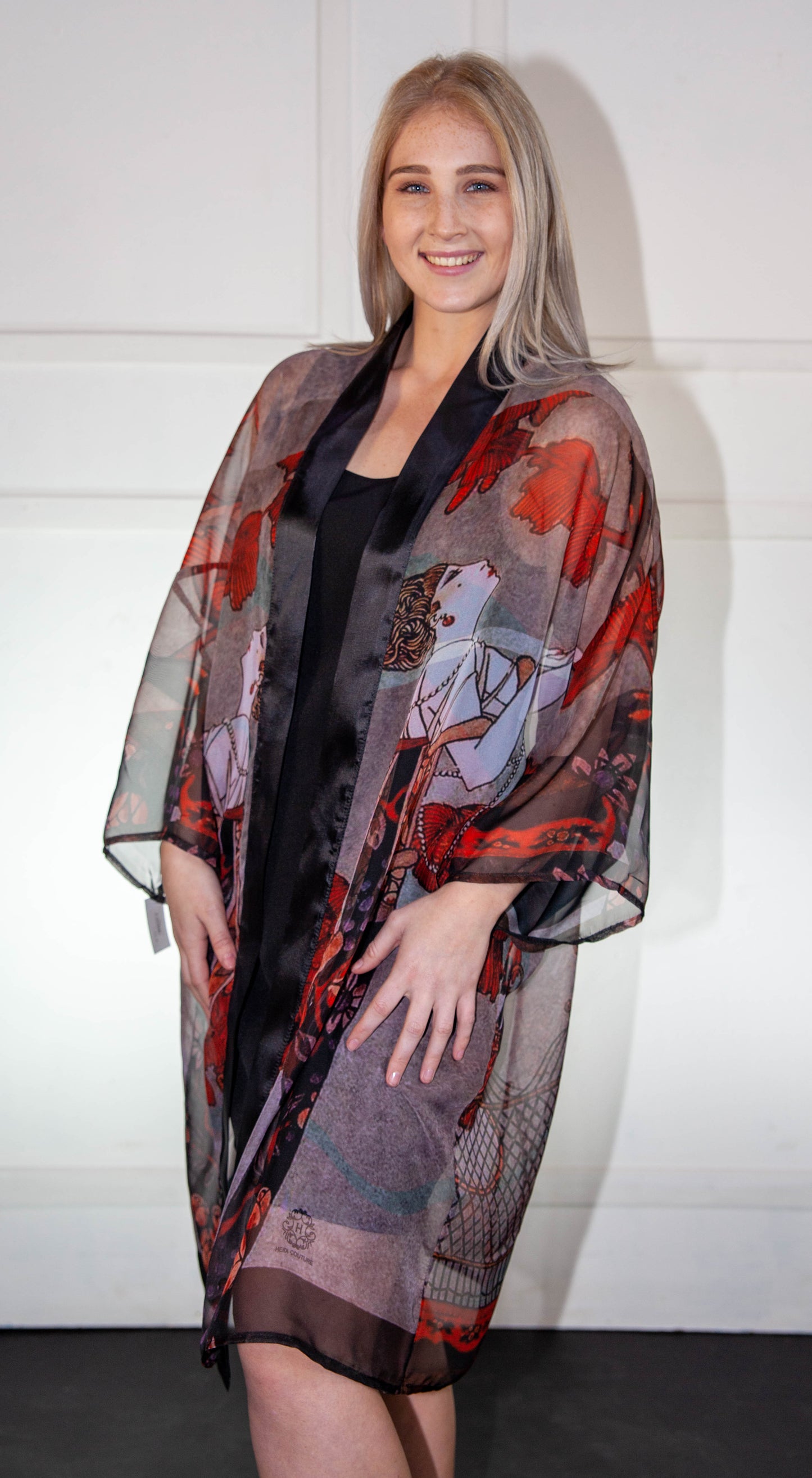 Kimono - Red & White Printed Silk