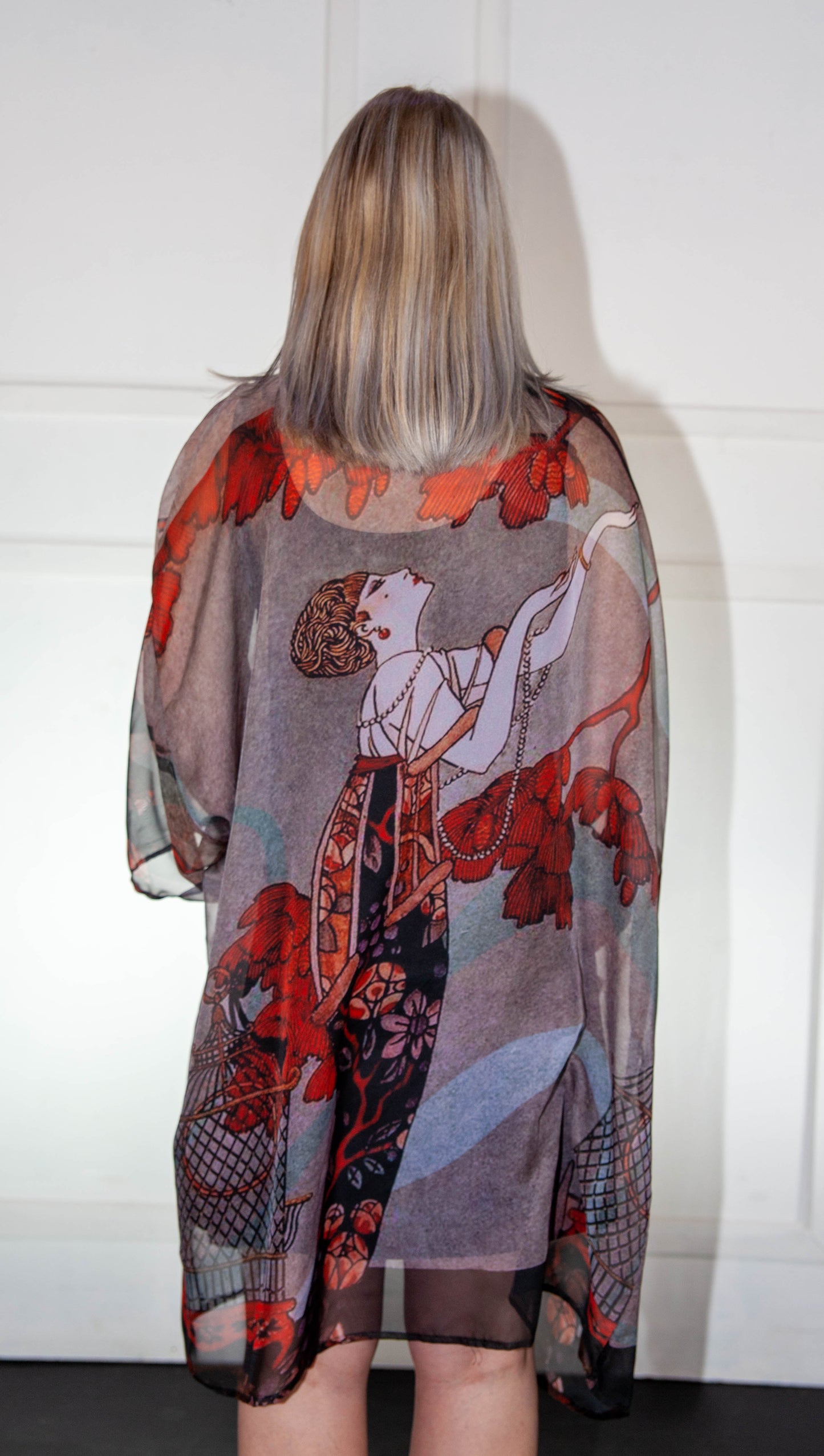 Kimono - Red & White Printed Silk