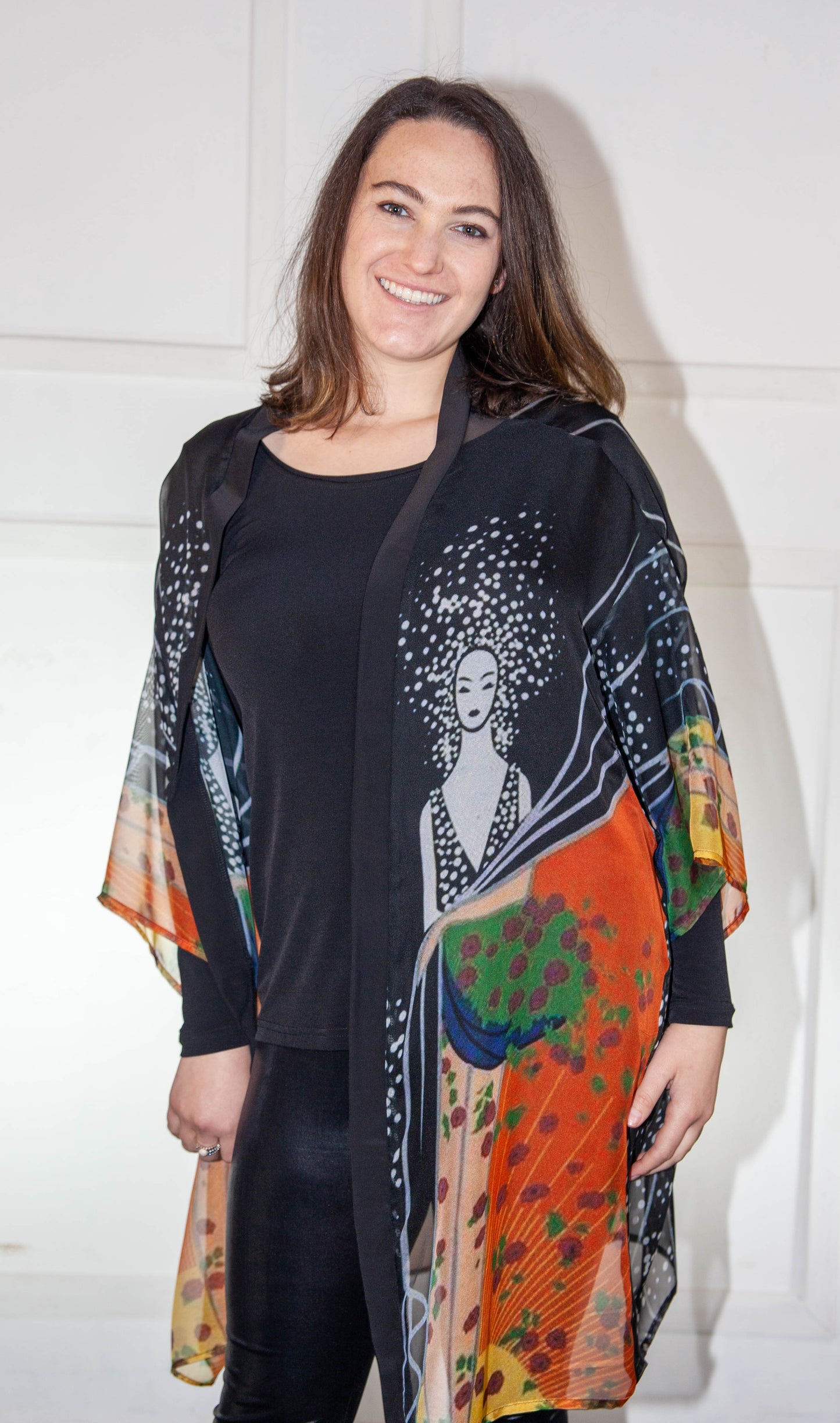 Kimono - White Orange & Black Printed Silk