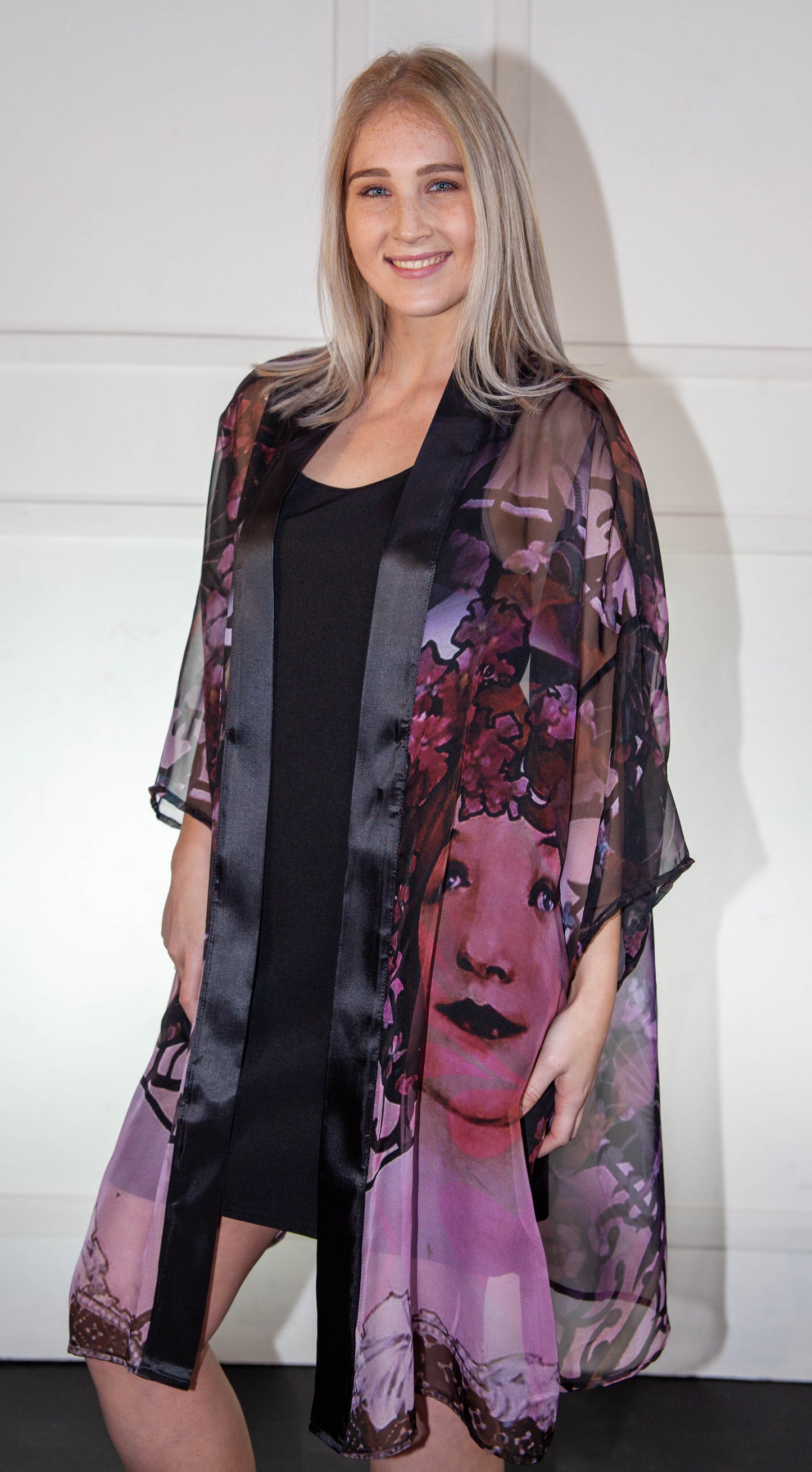 Kimono - Purple Red & Black Floral Printed Silk
