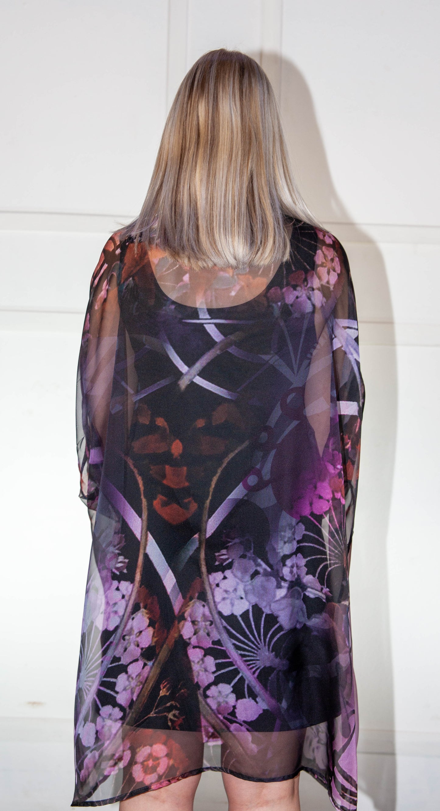 Kimono - Purple Red & Black Floral Printed Silk