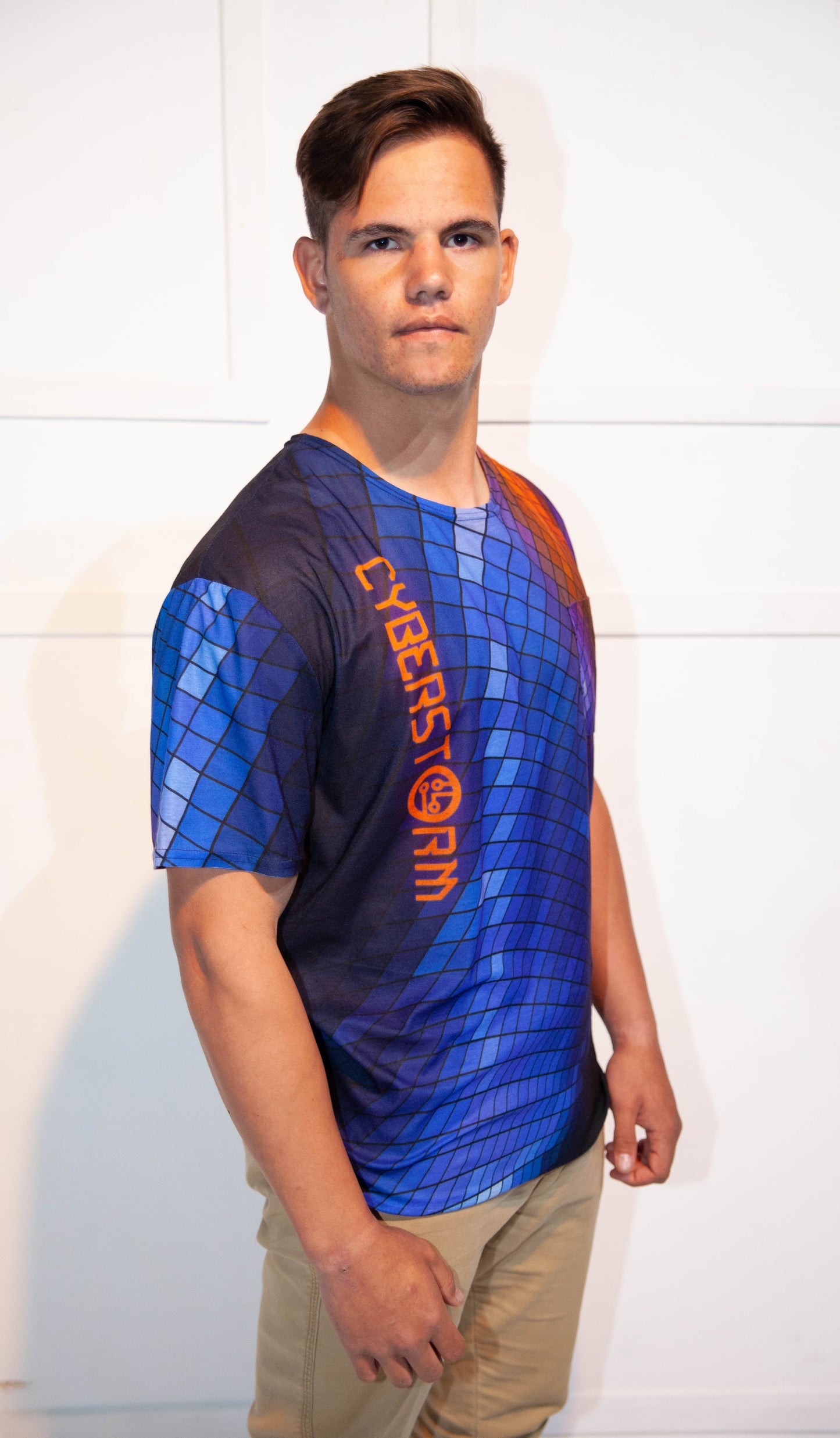 Mens T-Shirt - Stoompomp Cyberstorm Printed Blue & Orange