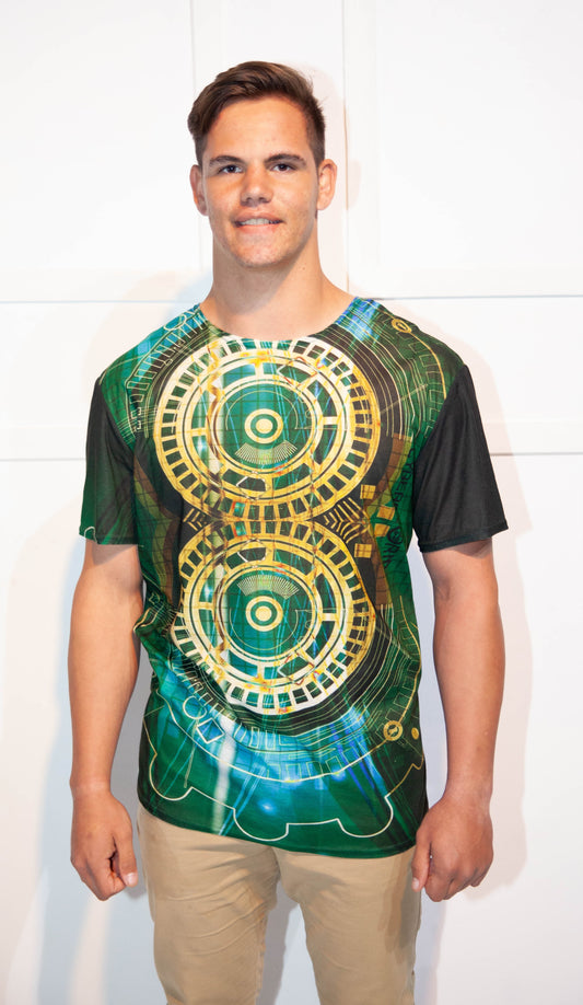 Mens T-Shirt - Stoompomp Cyberstorm Printed Green & Yellow Cogs