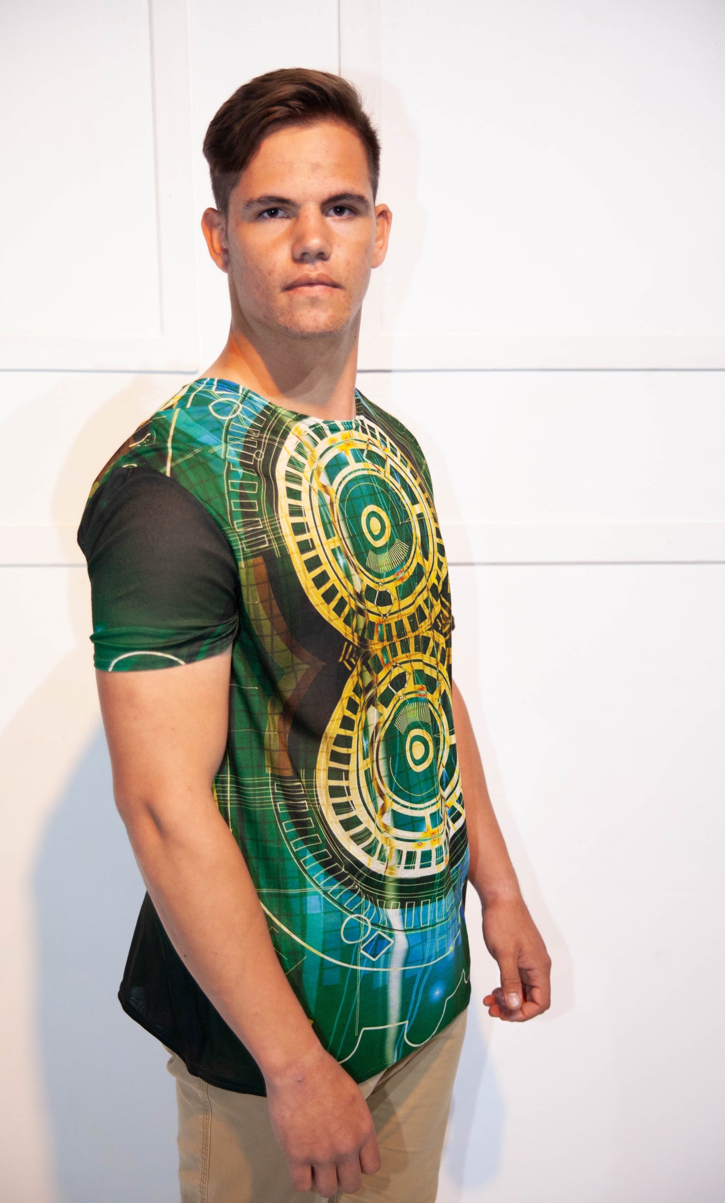 Mens T-Shirt - Stoompomp Cyberstorm Printed Green & Yellow Cogs