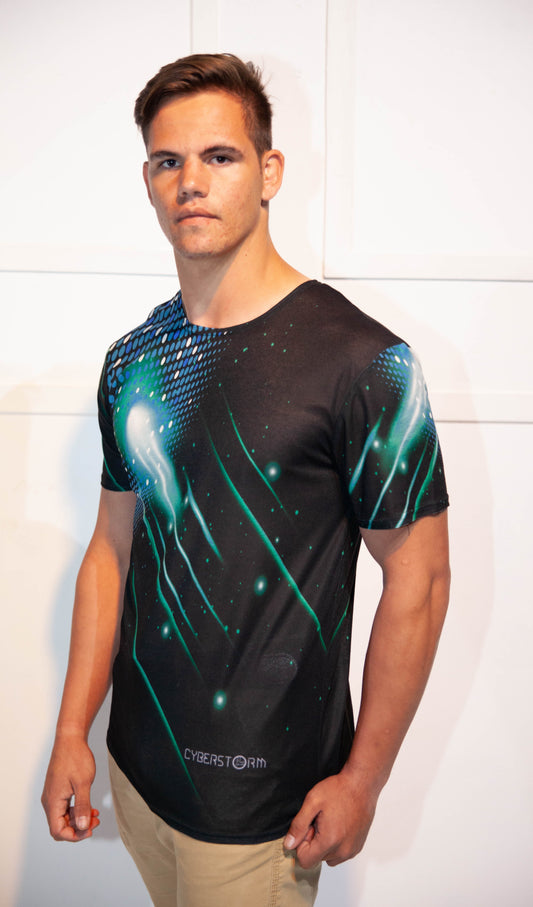 Mens T-Shirt - Stoompomp Cyberstorm Printed Turquoise Comet