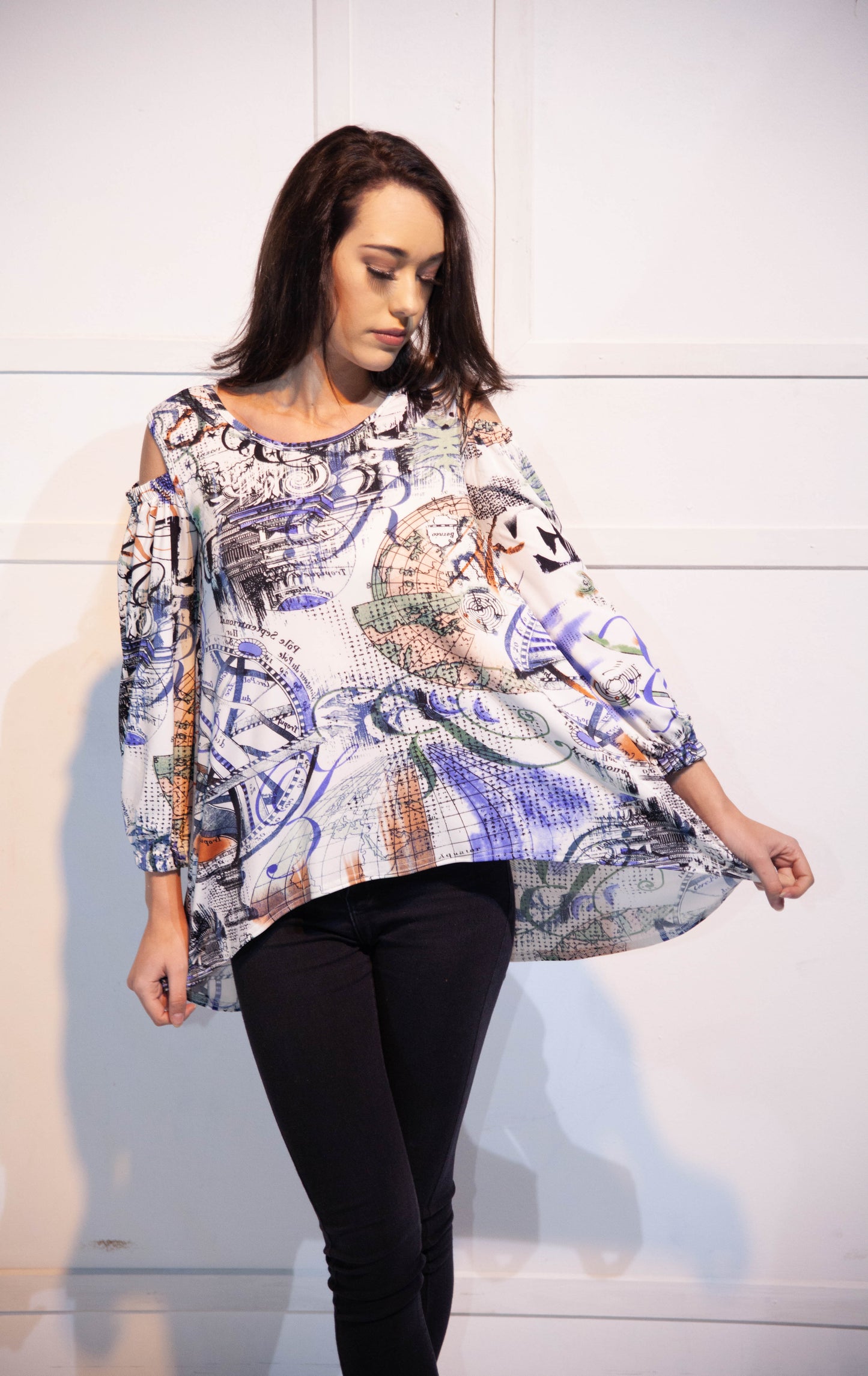 Open Shoulder Blouse with 3/4 Sleeves - White with Patterns