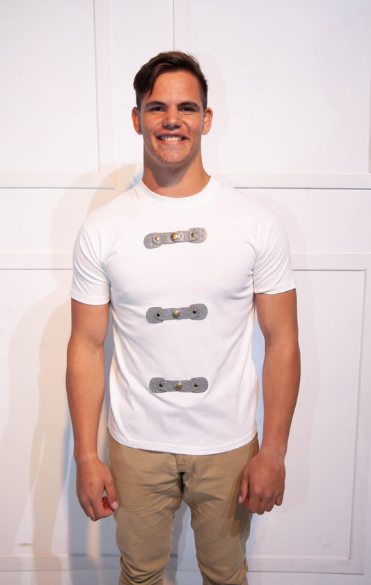 Mens T-Shirt - Stoompomp White with Leather Straps