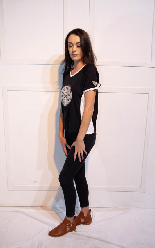 Ladies T-Shirt - Stoompomp Black & White with Clock