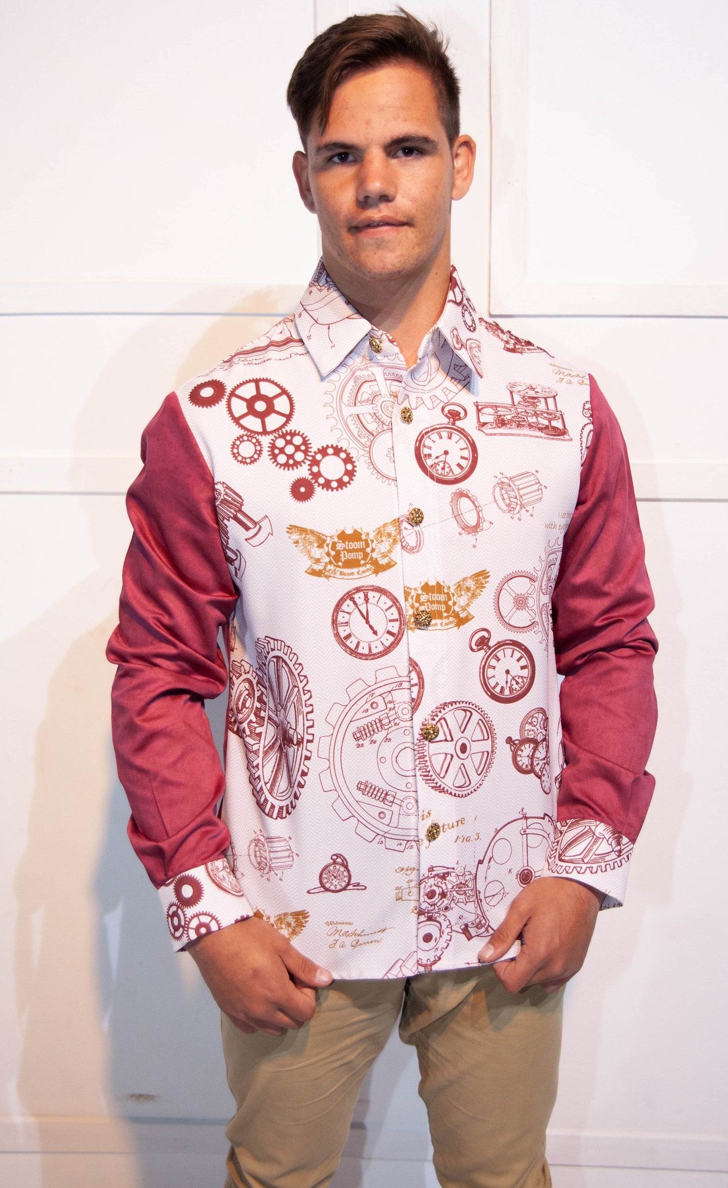Men's Formal Shirt - Printed Gears & Clocks / White & Red