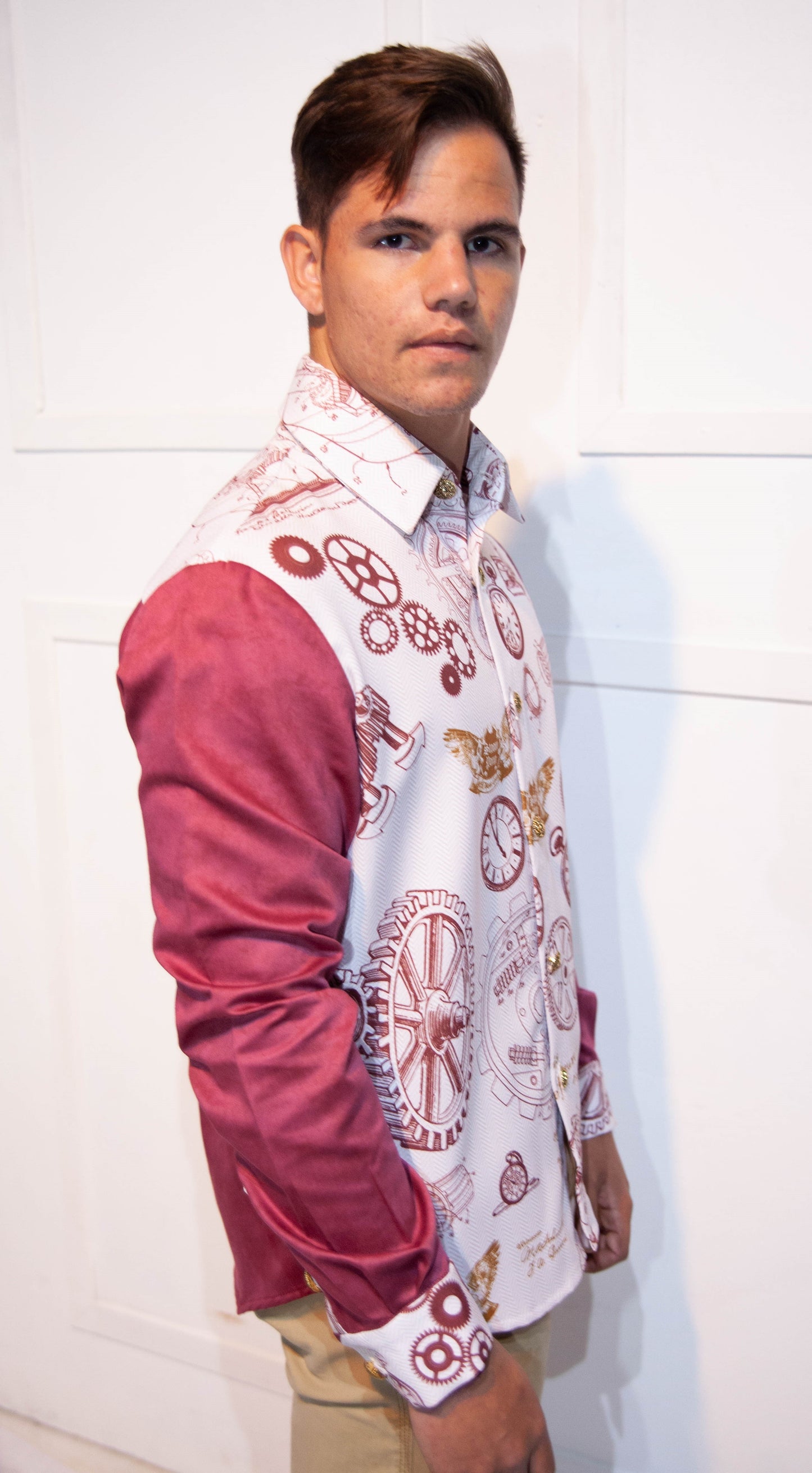 Men's Formal Shirt - Printed Gears & Clocks / White & Red