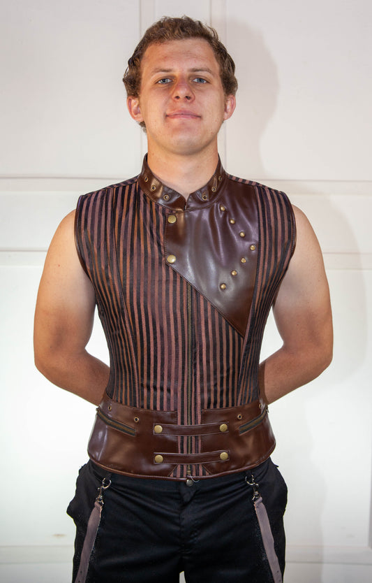 Corset - Brown Striped Waistcoat with Leather