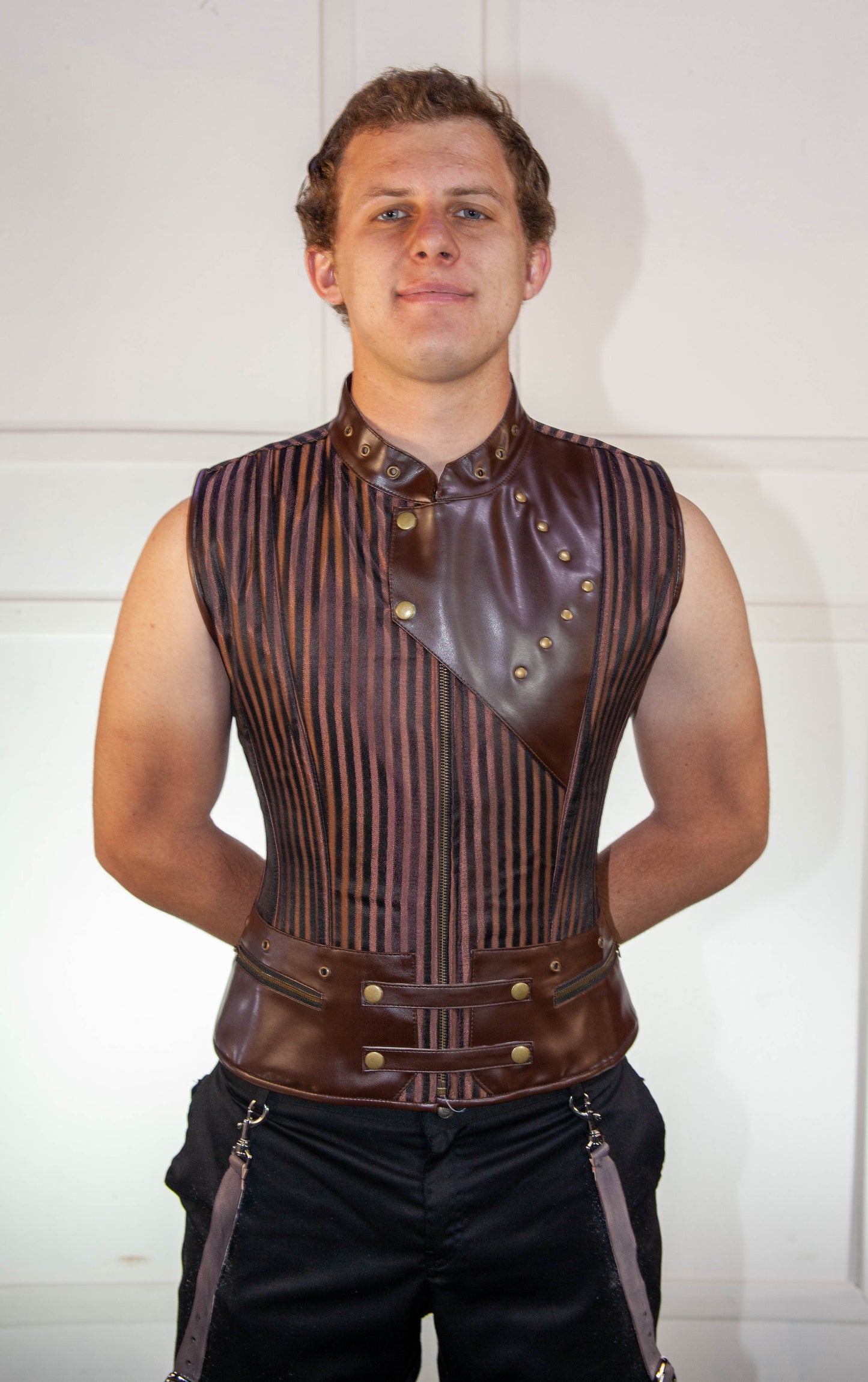 Corset - Brown Striped Waistcoat with Leather
