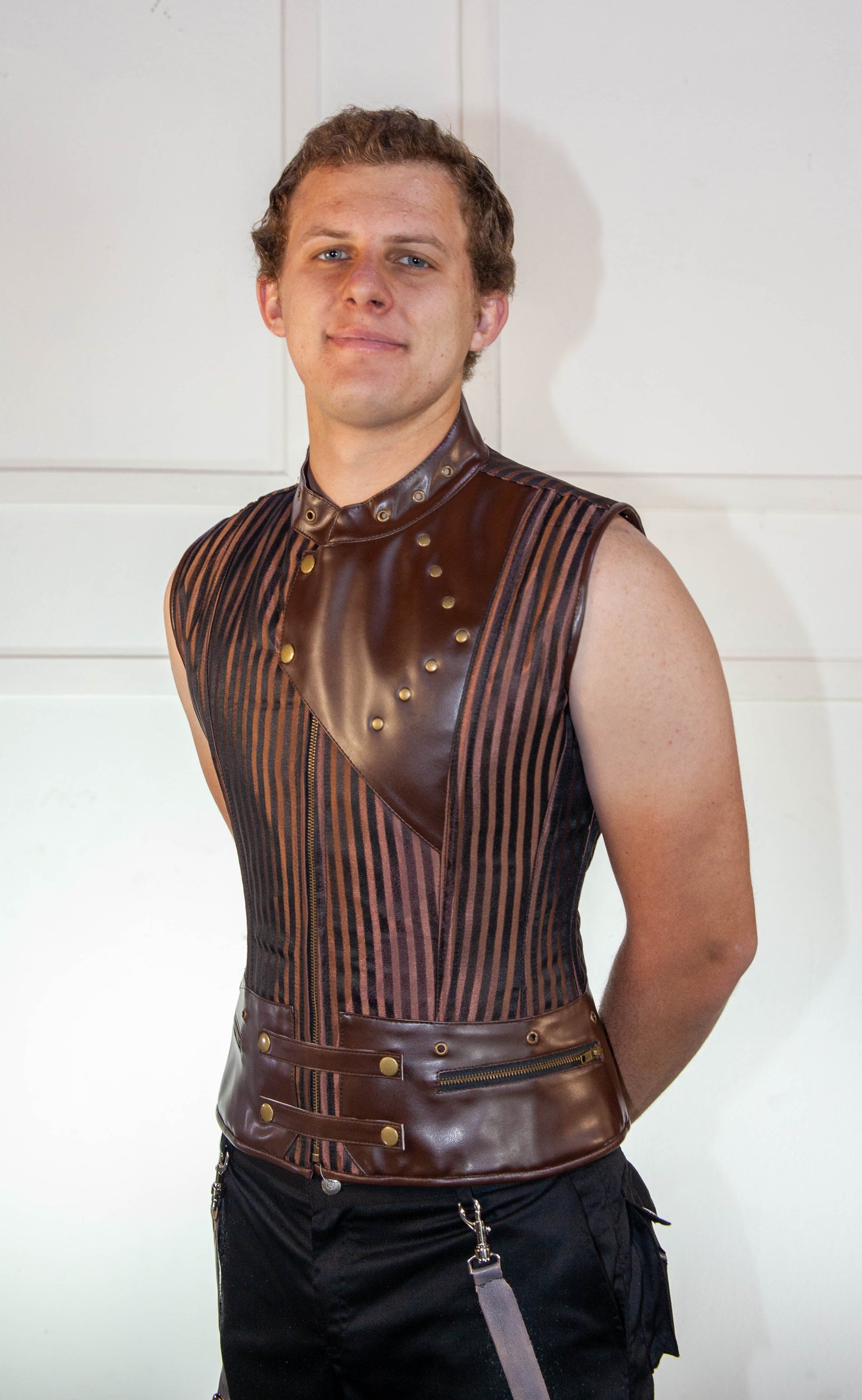 Corset - Brown Striped Waistcoat with Leather