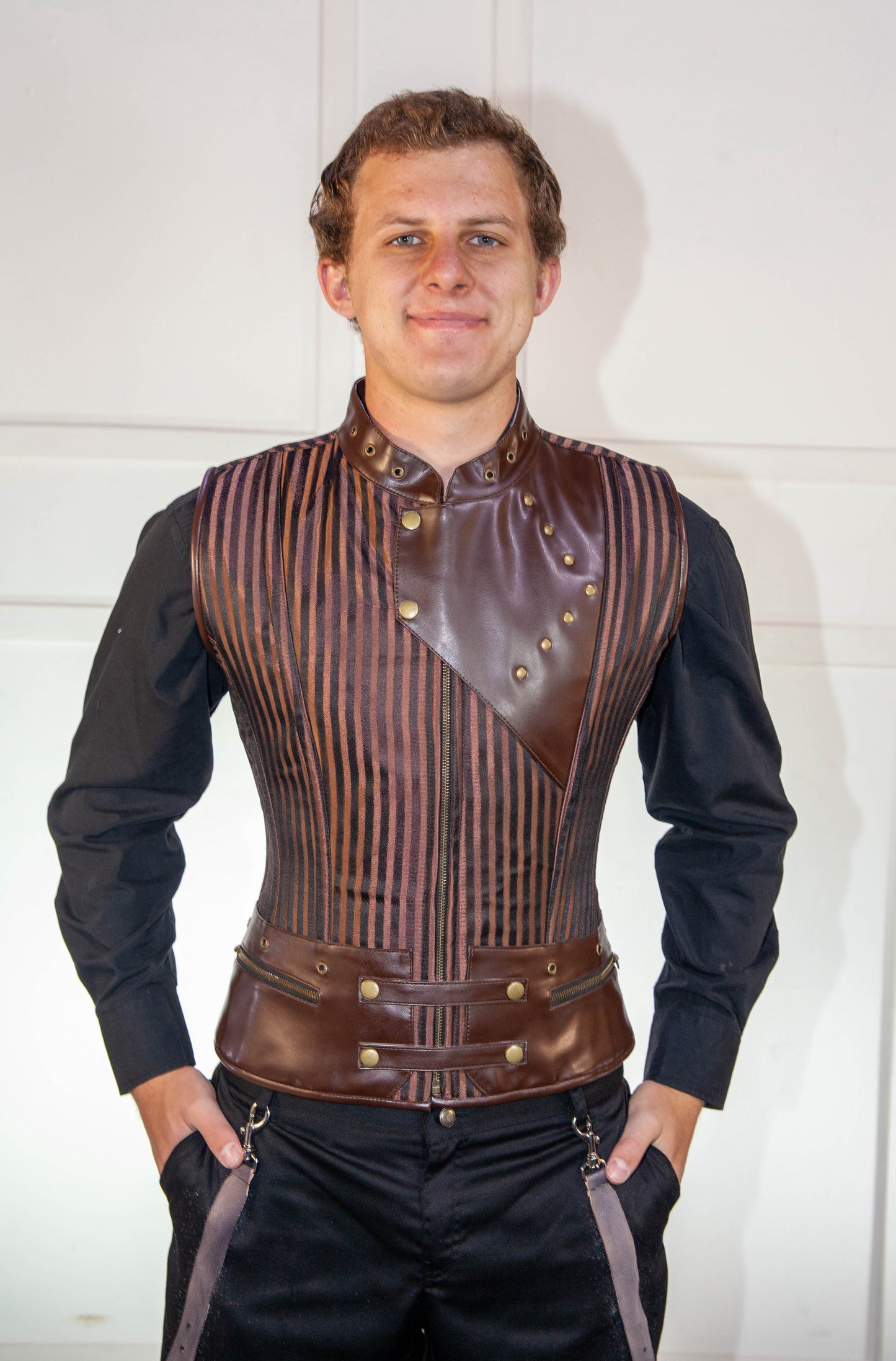 Corset - Brown Striped Waistcoat with Leather